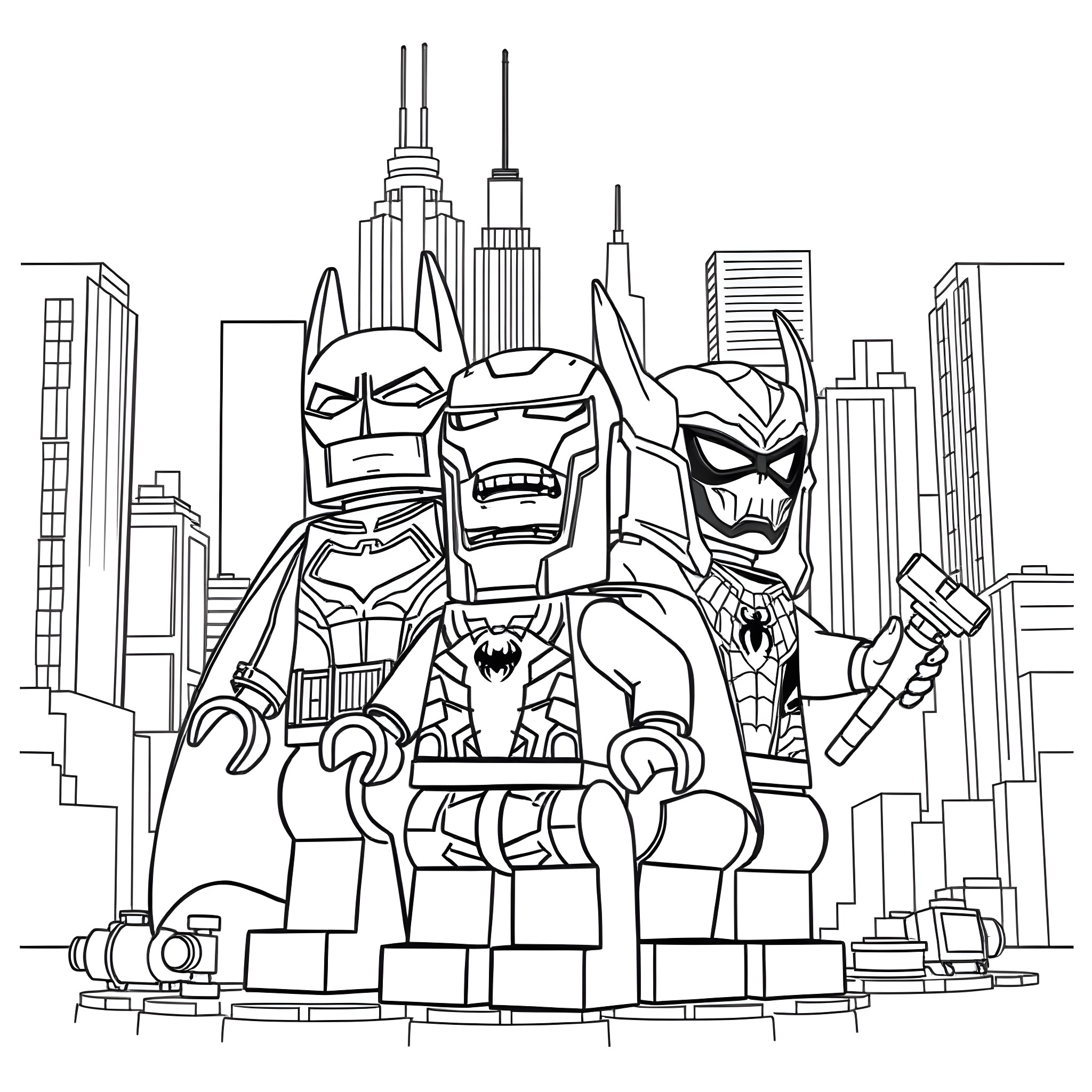 Lego Superhero Defenders of the City Coloring Page (free black-and-white line drawing printable PDF for all, from beginners to advanced learners, including children, teens, adults, and seniors)