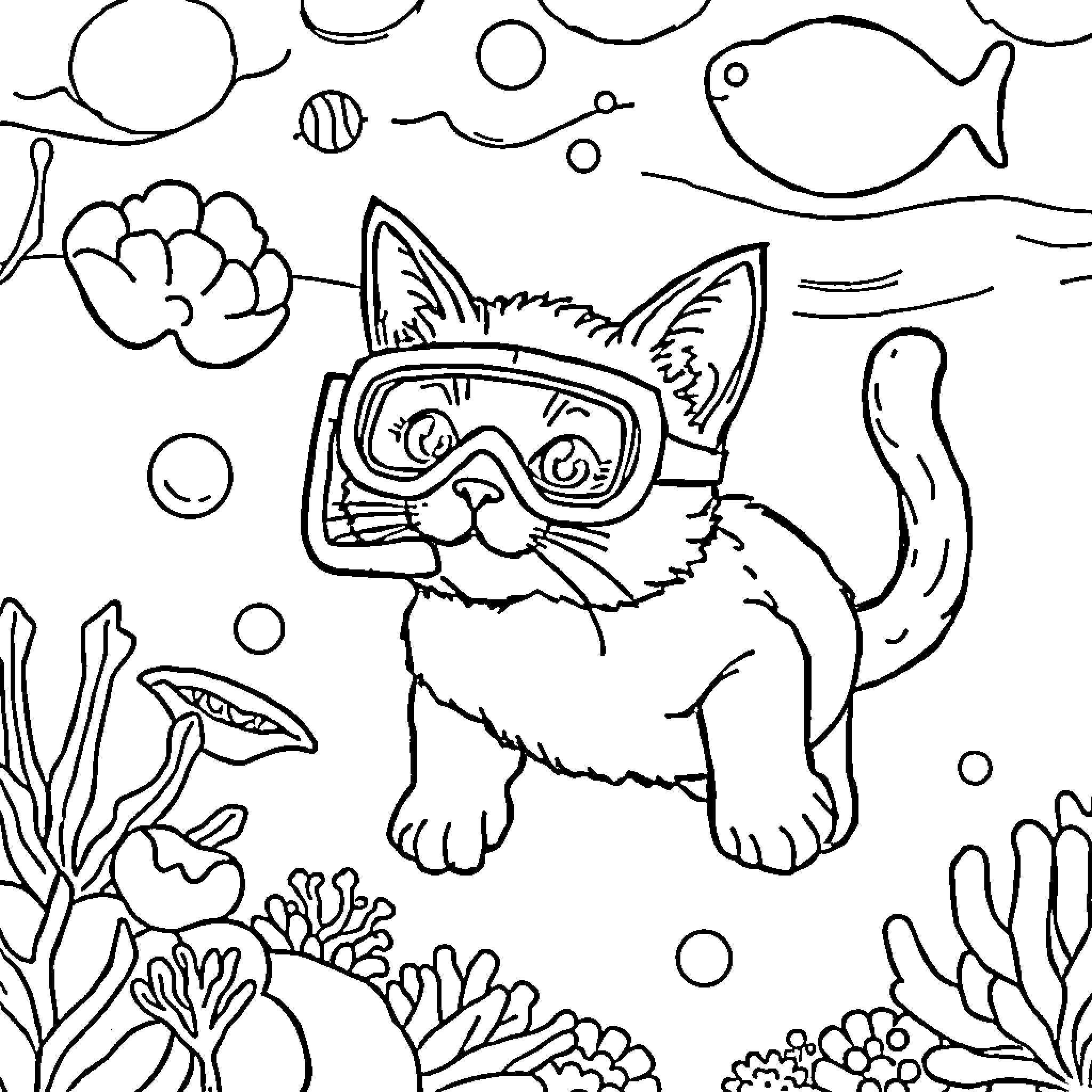Cat Exploring Underwater World with Goggles Coloring Page (free black-and-white line drawing printable PDF for all, from beginners to advanced learners, including children, teens, adults, and seniors)