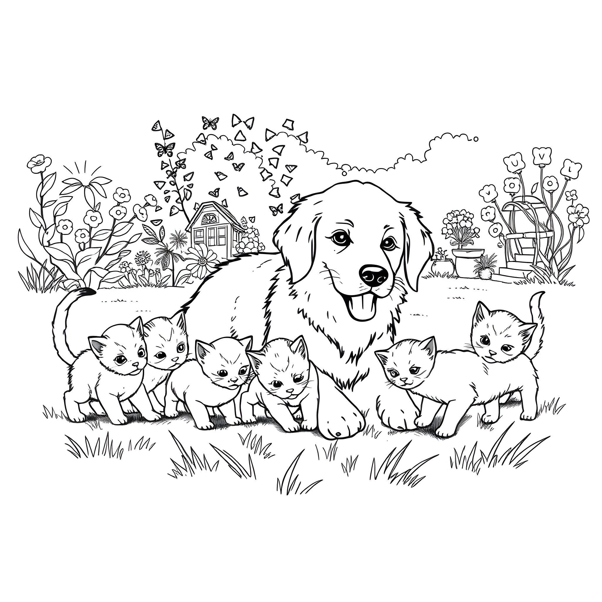 Golden Retriever surrounded by playful kittens in a garden setting Coloring Page (free black-and-white line drawing printable PDF for all, from beginners to advanced learners, including children, teens, adults, and seniors)