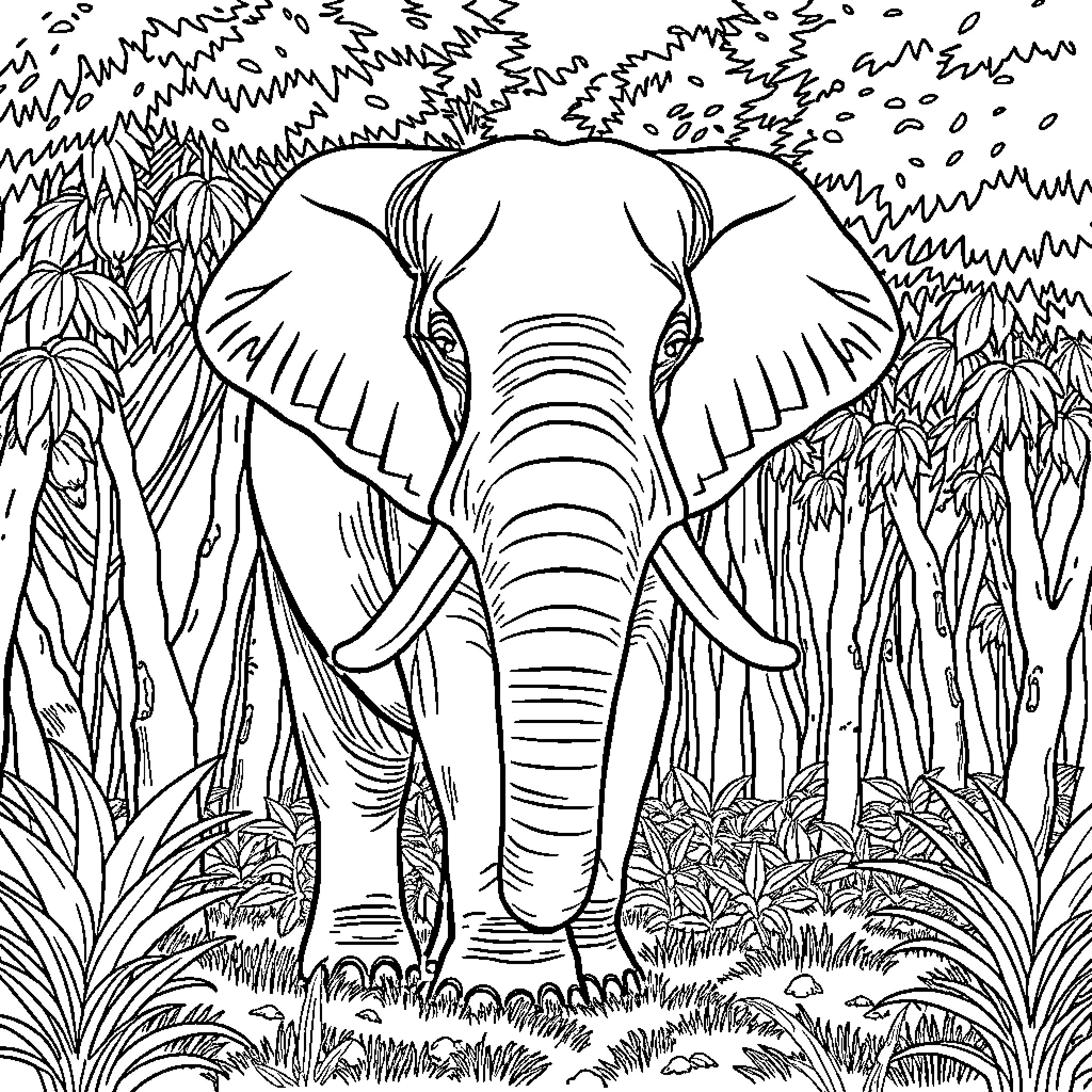 Elephant standing tall in the lush jungle Coloring Page (free black-and-white line drawing printable PDF for all, from beginners to advanced learners, including children, teens, adults, and seniors)