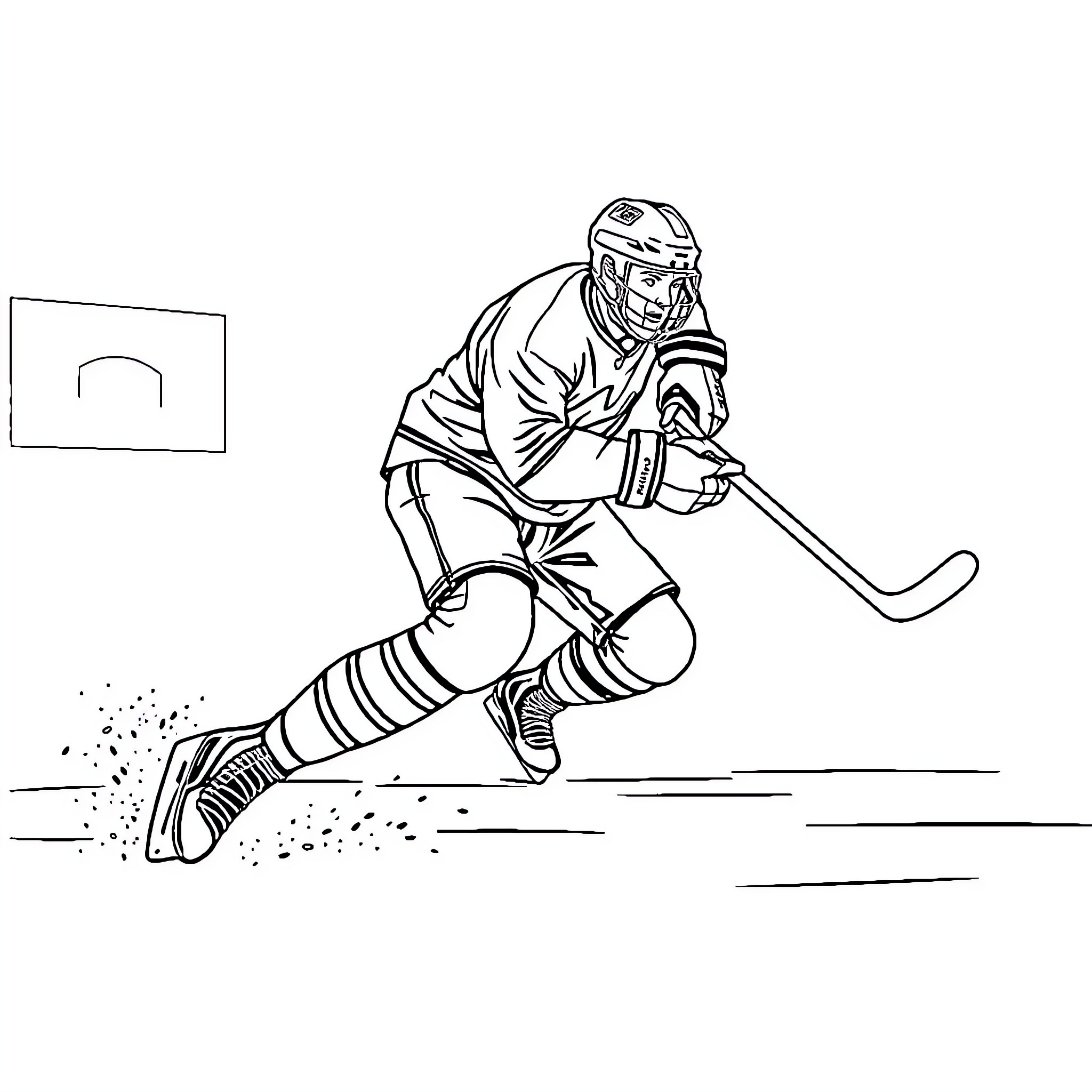 Ice Hockey Player Skating Swiftly on the Ice Coloring Page (free black-and-white line drawing printable PDF for all, from beginners to advanced learners, including children, teens, adults, and seniors)