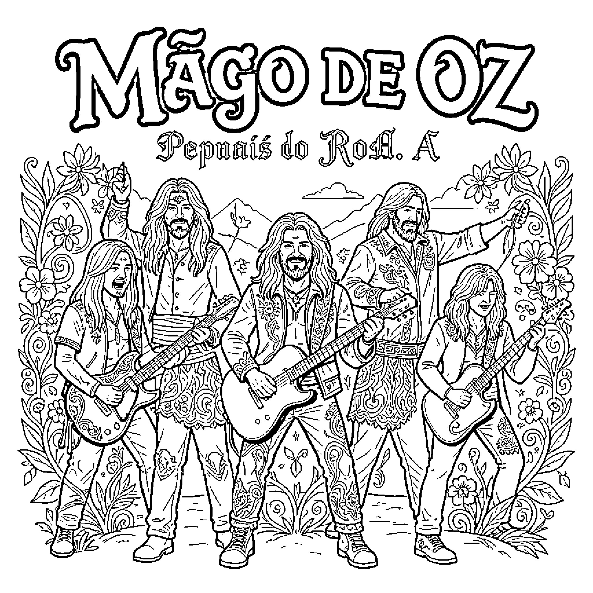 Mago de Oz Performs to Rock Audience Coloring Page (free black-and-white line drawing printable PDF for all, from beginners to advanced learners, including children, teens, adults, and seniors)