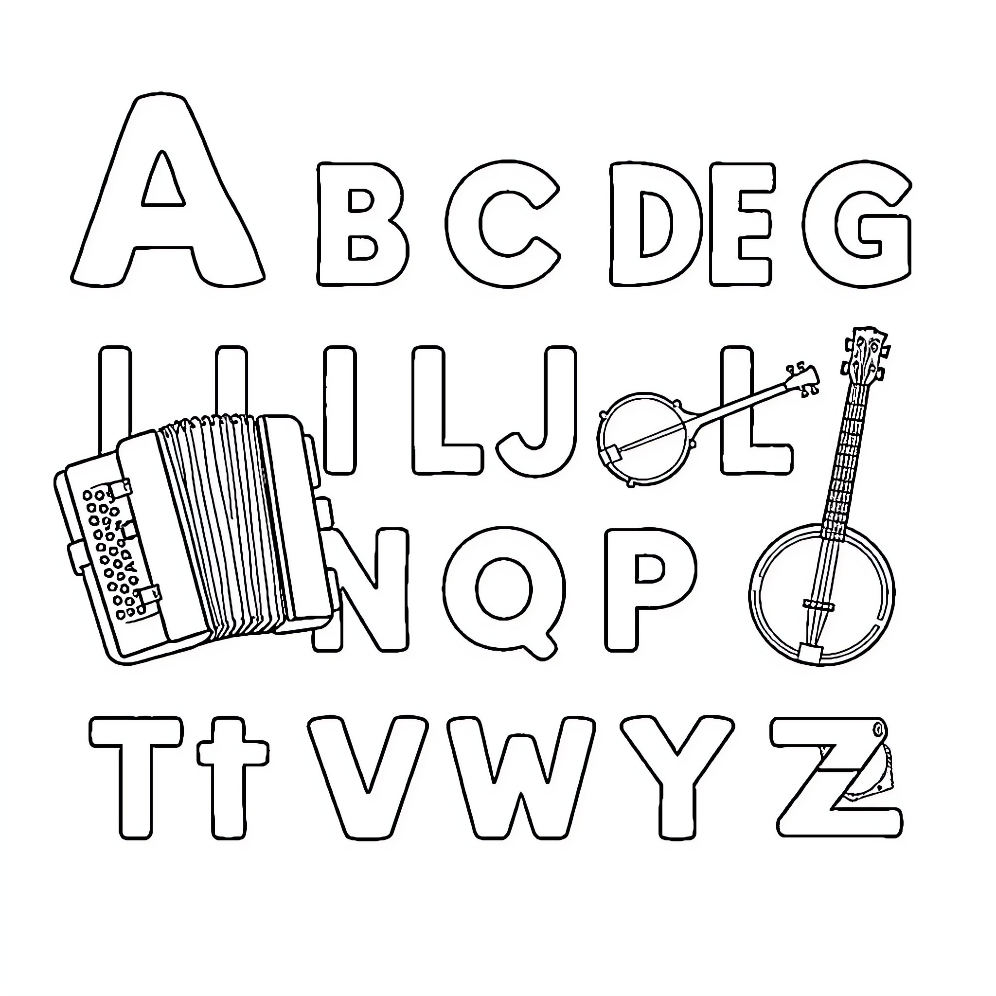 Musical Instrument Alphabet with Accordion and Banjo Coloring Page (free black-and-white line drawing printable PDF for all, from beginners to advanced learners, including children, teens, adults, and seniors)