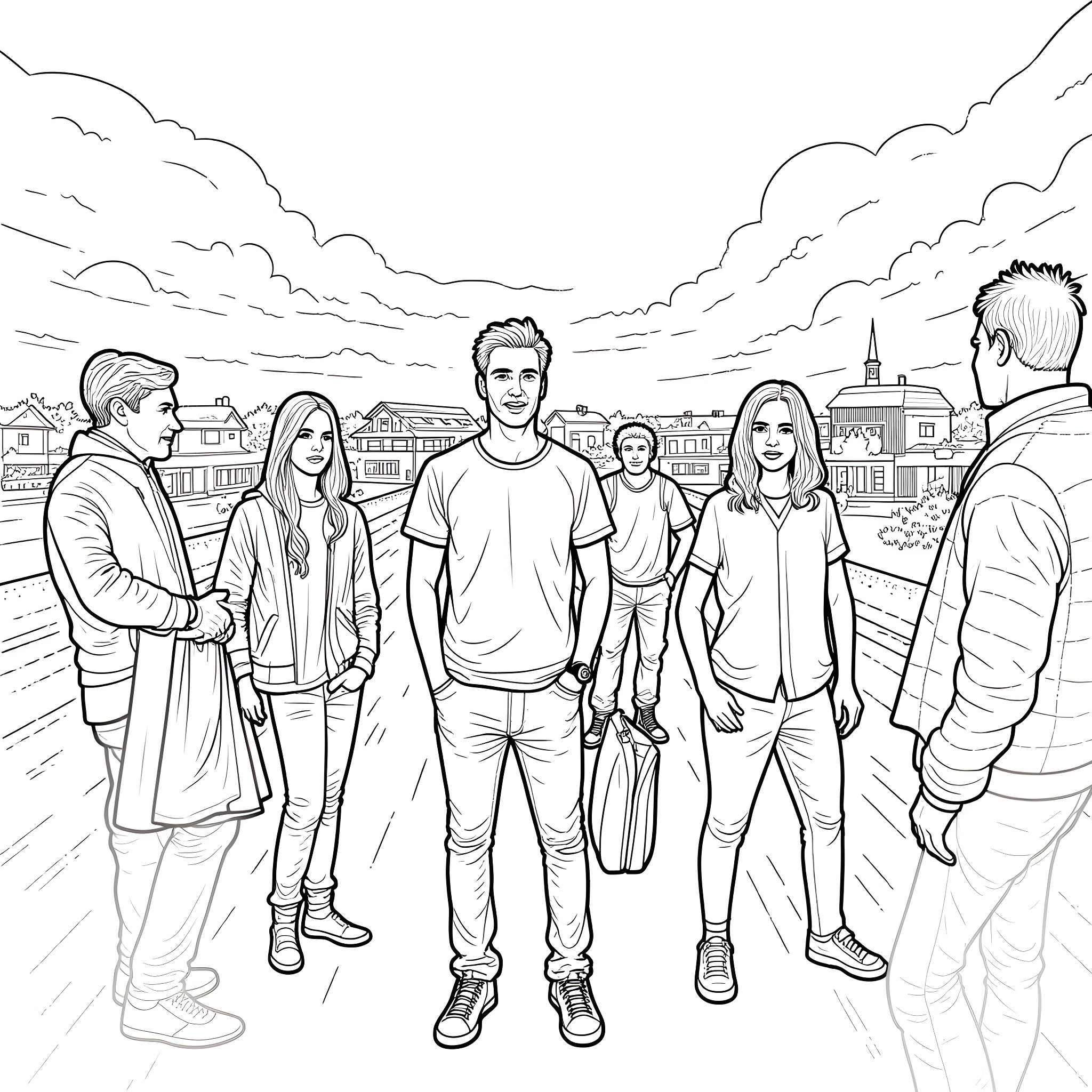 Springsteen characters in a city scene Coloring Page (free black-and-white line drawing printable PDF for all, from beginners to advanced learners, including children, teens, adults, and seniors)