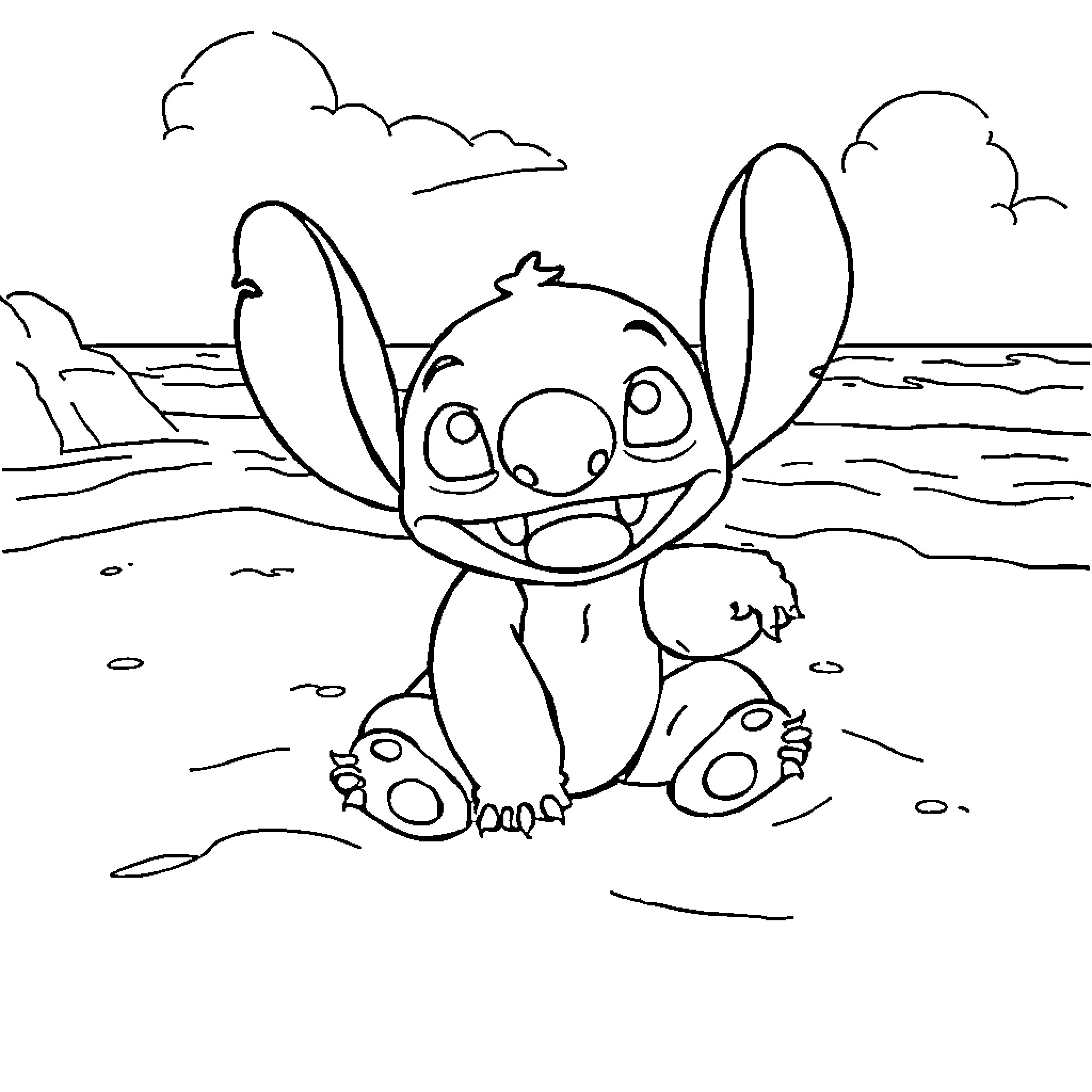 Stitch enjoying a seaside adventure Coloring Page (free black-and-white line drawing printable PDF for all, from beginners to advanced learners, including children, teens, adults, and seniors)