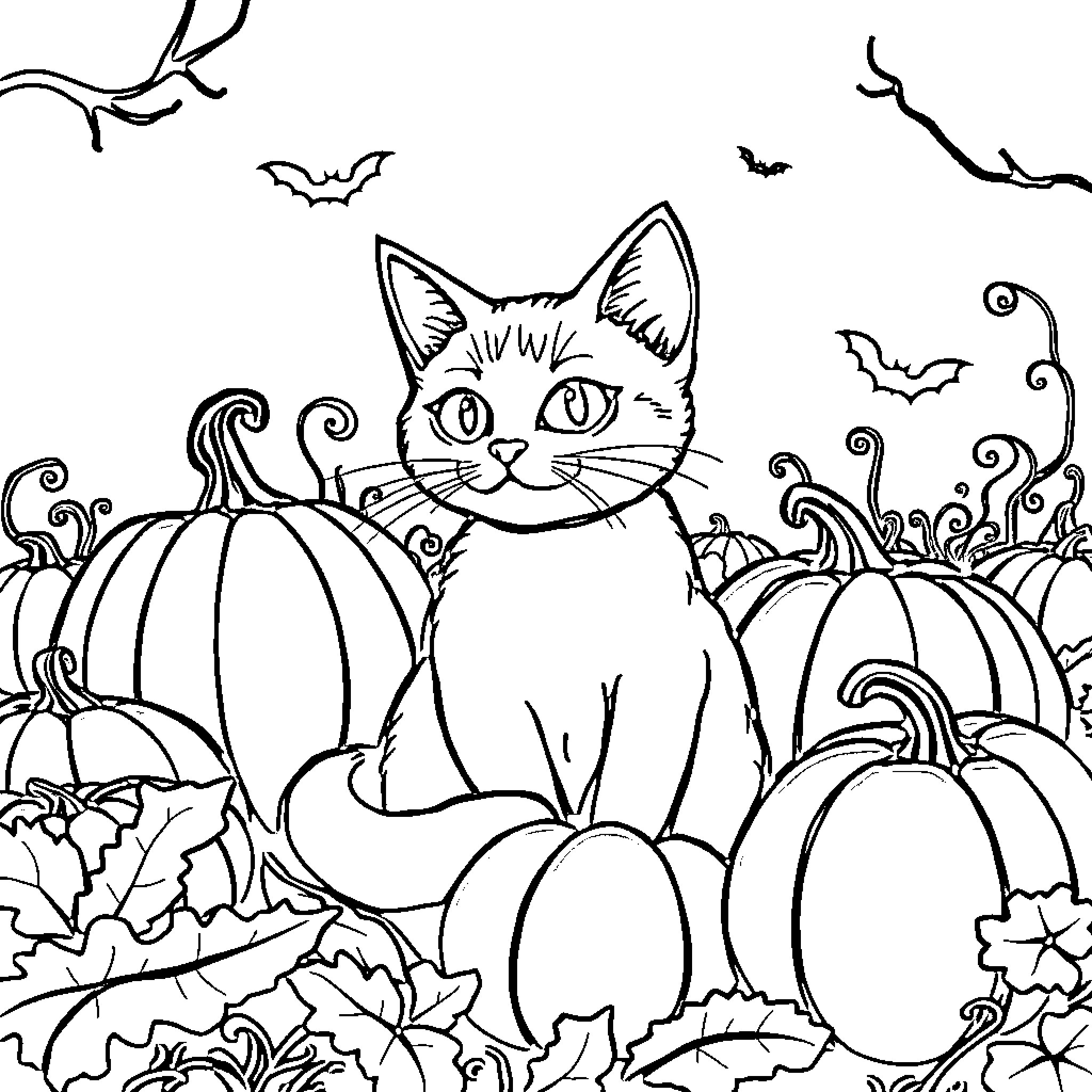 Cat in a Spooky Halloween Scene Coloring Page (free black-and-white line drawing printable PDF for all, from beginners to advanced learners, including children, teens, adults, and seniors)