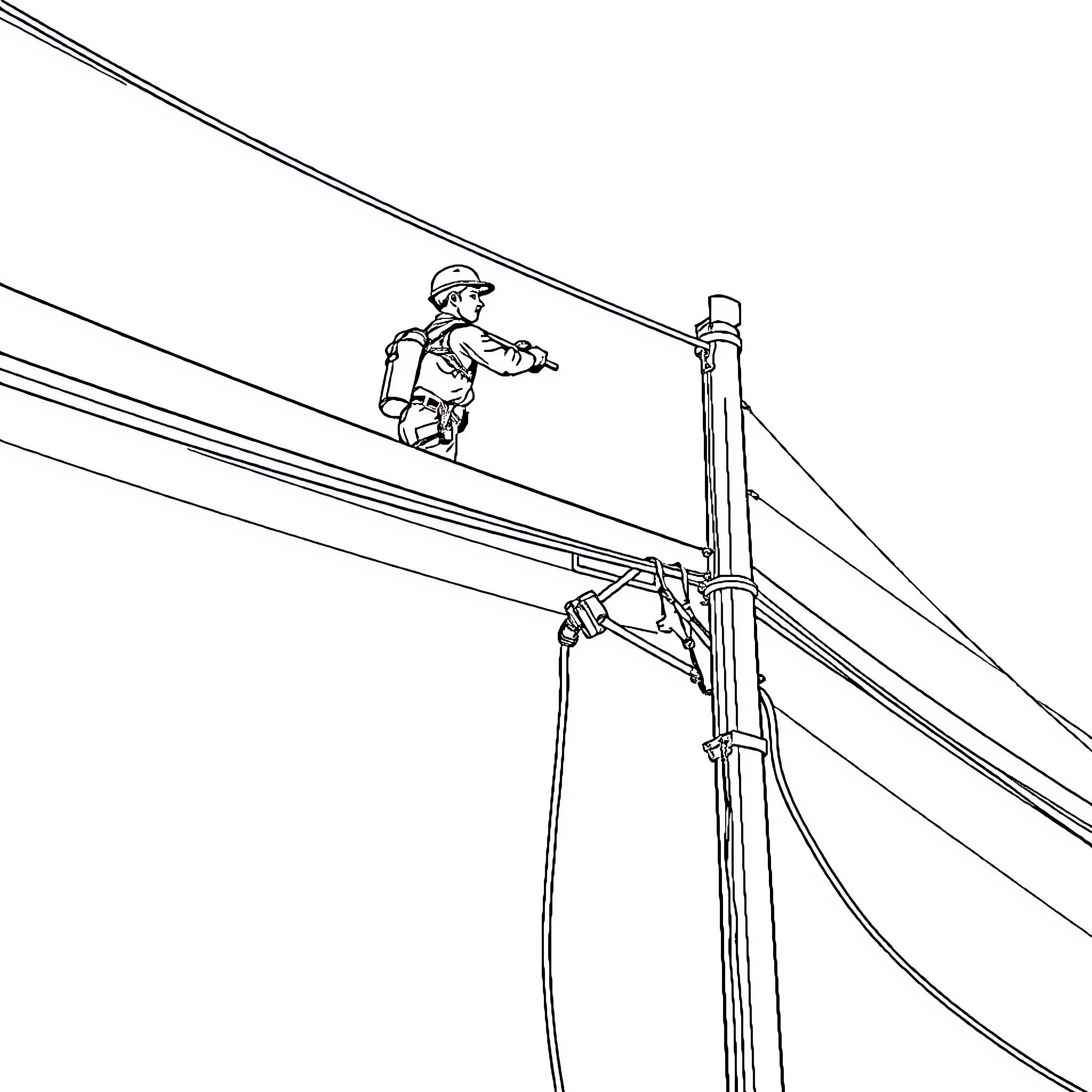 Lineman working on power lines in safety gear Coloring Page (free black-and-white line drawing printable PDF for all, from beginners to advanced learners, including children, teens, adults, and seniors)