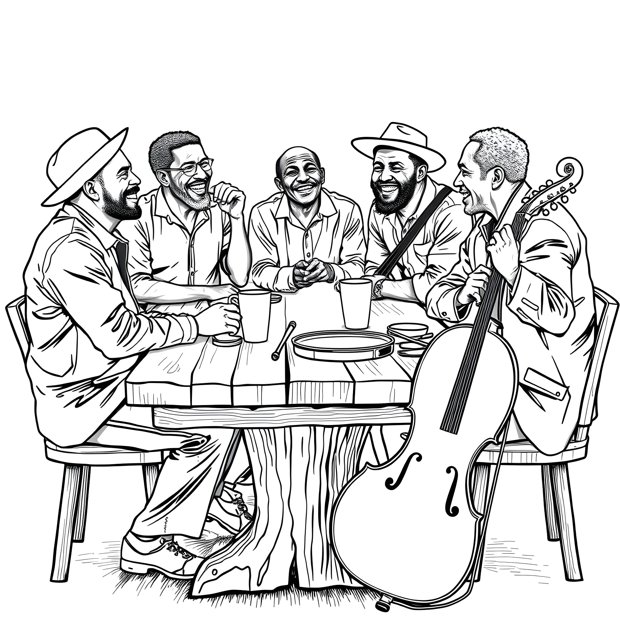 Neville Brothers enjoying music and conversation together Coloring Page (free black-and-white line drawing printable PDF for all, from beginners to advanced learners, including children, teens, adults, and seniors)