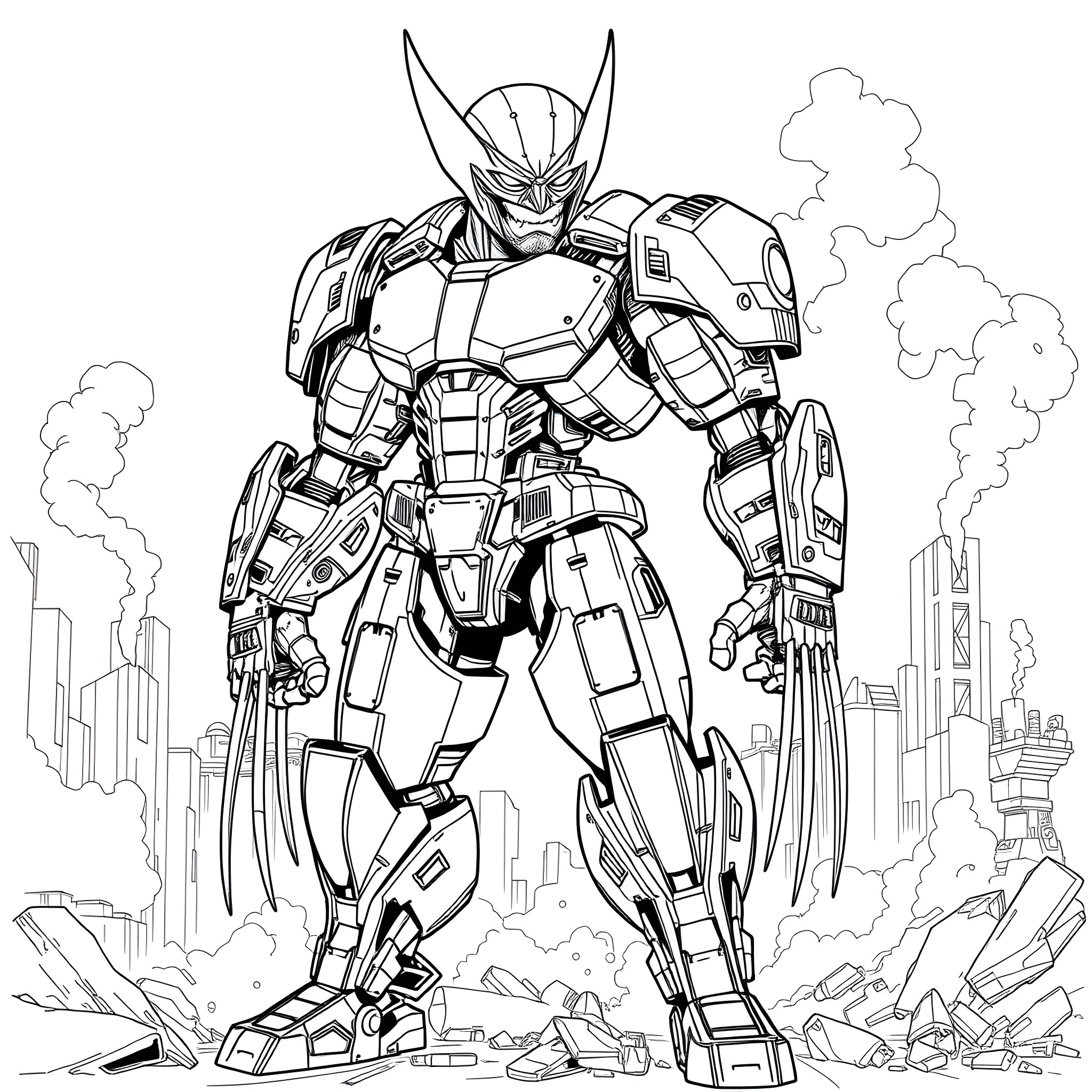 Wolverine Battling Robot in Futuristic Cityscape Coloring Page (free black-and-white line drawing printable PDF for all, from beginners to advanced learners, including children, teens, adults, and seniors)