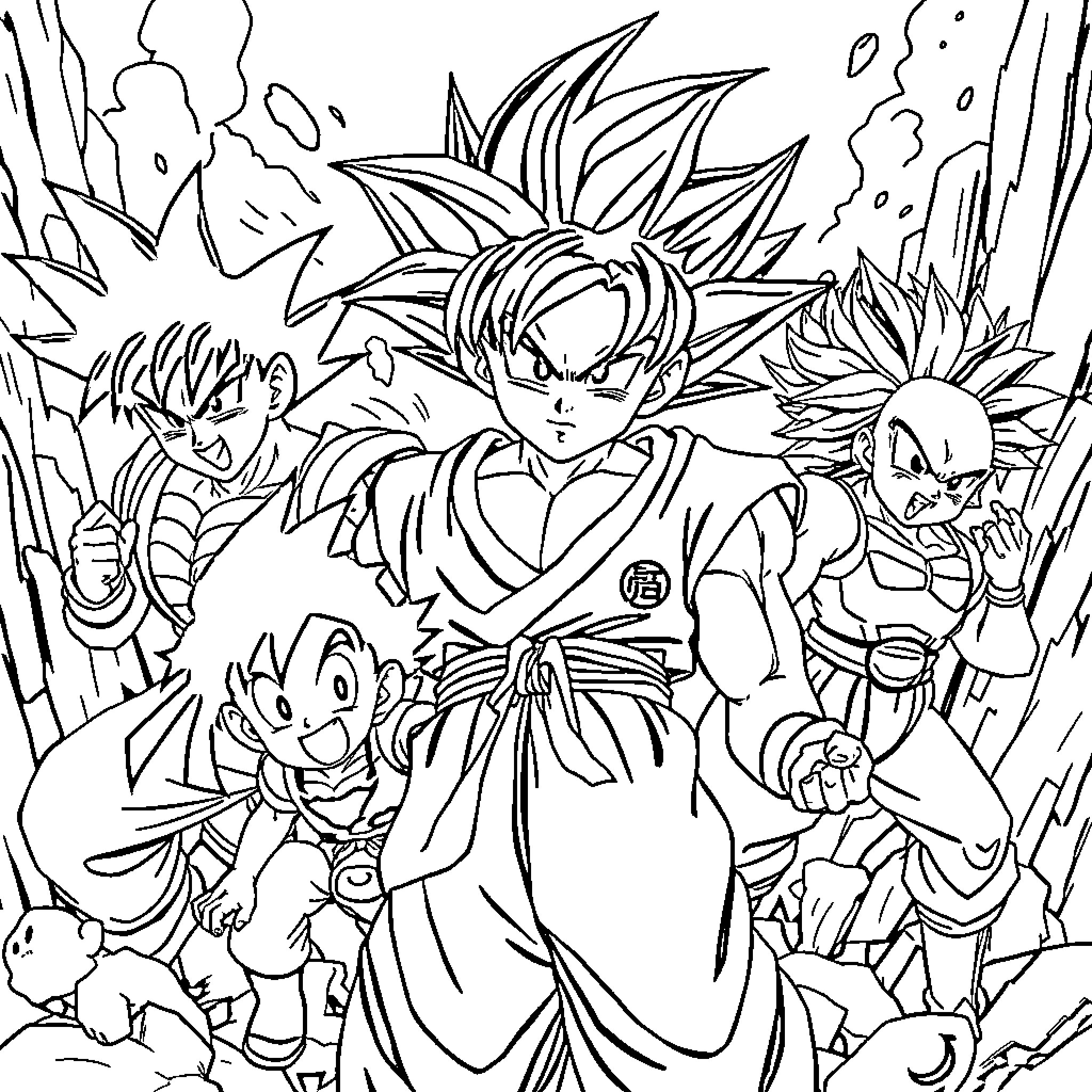 Dragon Ball Characters in Action Poses Coloring Page (free black-and-white line drawing printable PDF for all, from beginners to advanced learners, including children, teens, adults, and seniors)