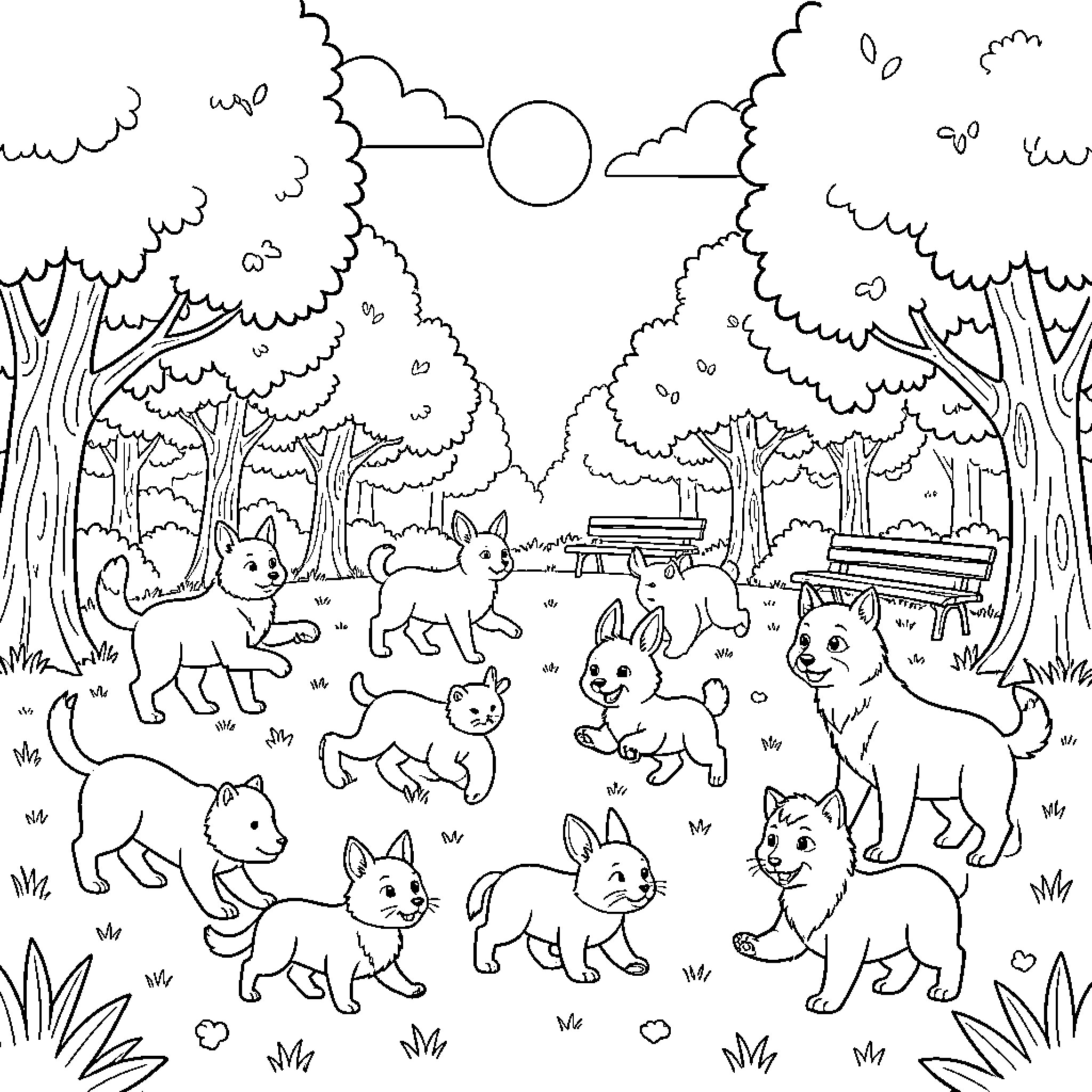 Animal Cats playing in the park Coloring Page (free black-and-white line drawing printable PDF for all, from beginners to advanced learners, including children, teens, adults, and seniors)