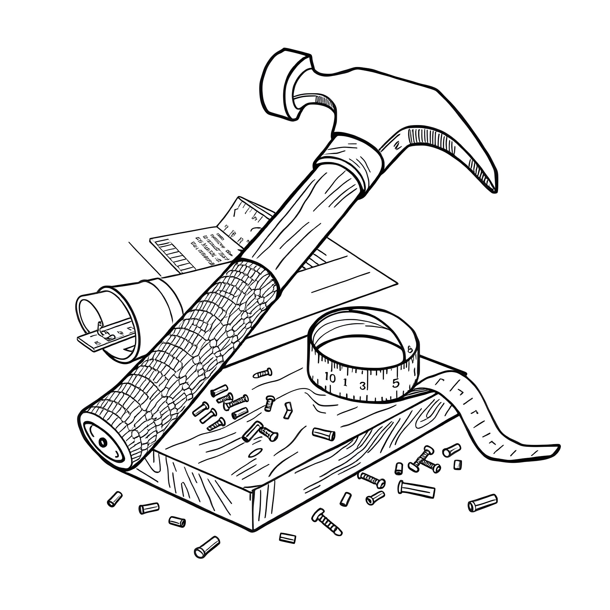 Hammer and Woodworking Tools on Wooden Workbench Coloring Page (free black-and-white line drawing printable PDF for all, from beginners to advanced learners, including children, teens, adults, and seniors)