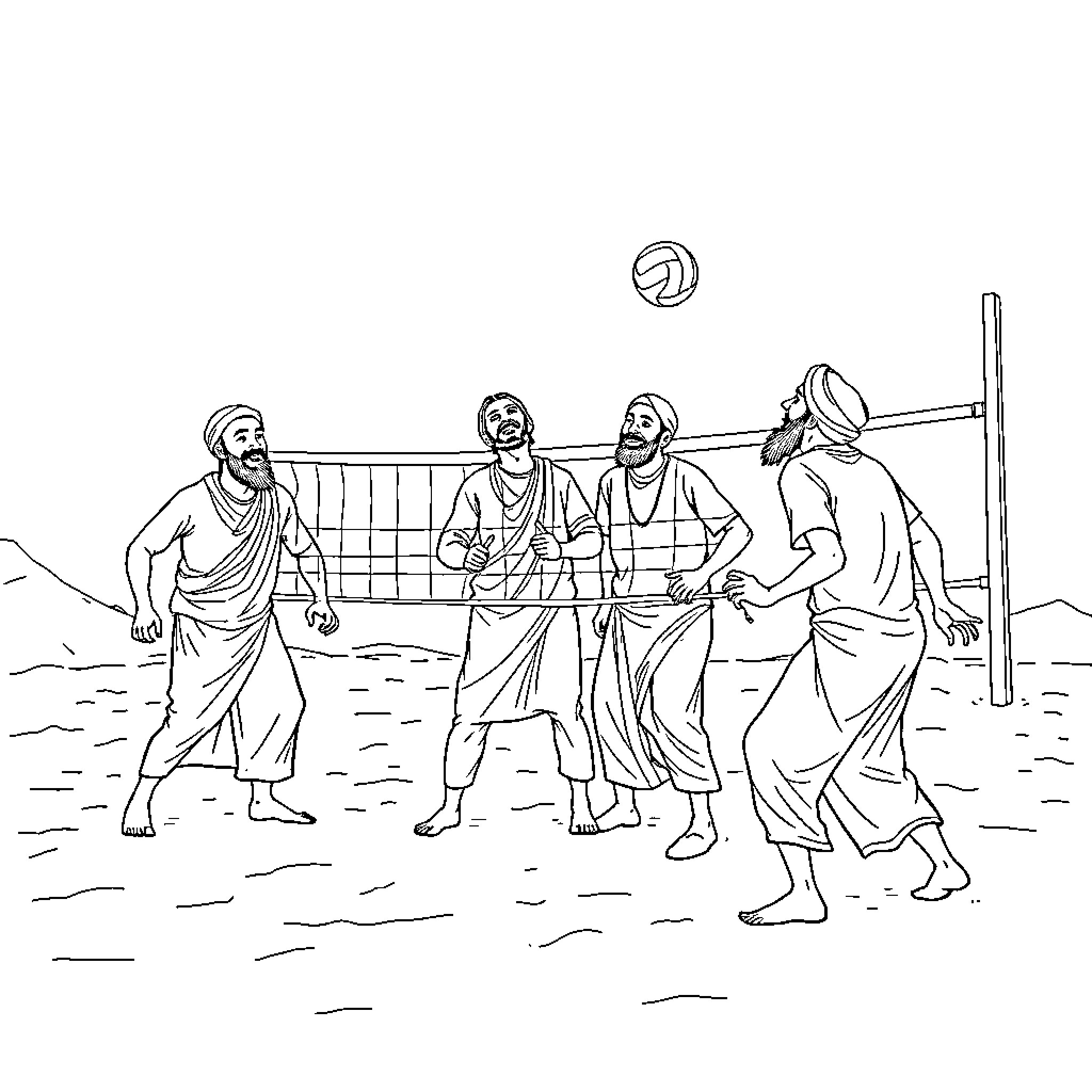 Man playing volleyball with friends in the water Coloring Page (free black-and-white line drawing printable PDF for all, from beginners to advanced learners, including children, teens, adults, and seniors)