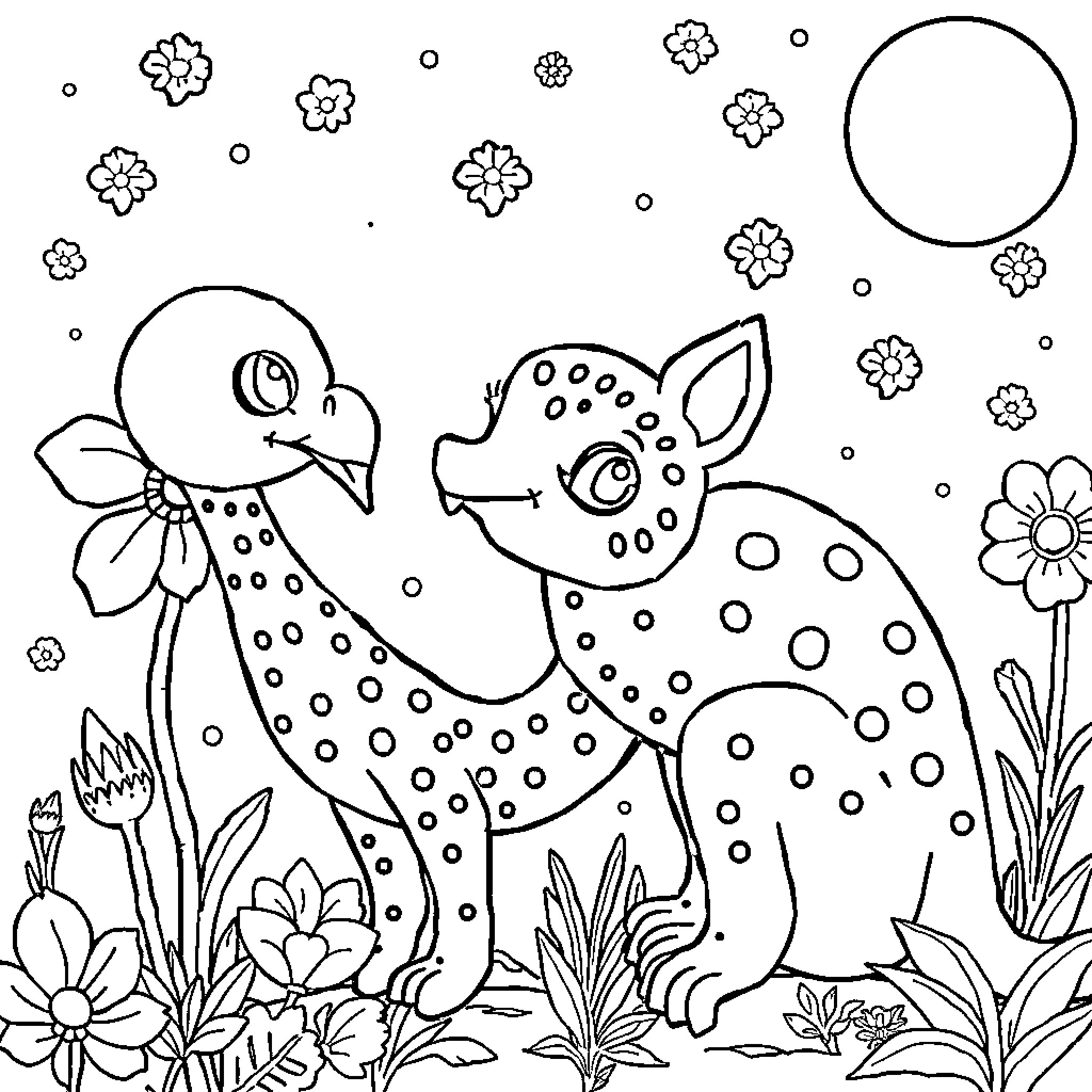 Book of Playful Woodland Creatures Coloring Page (free black-and-white line drawing printable PDF for all, from beginners to advanced learners, including children, teens, adults, and seniors)
