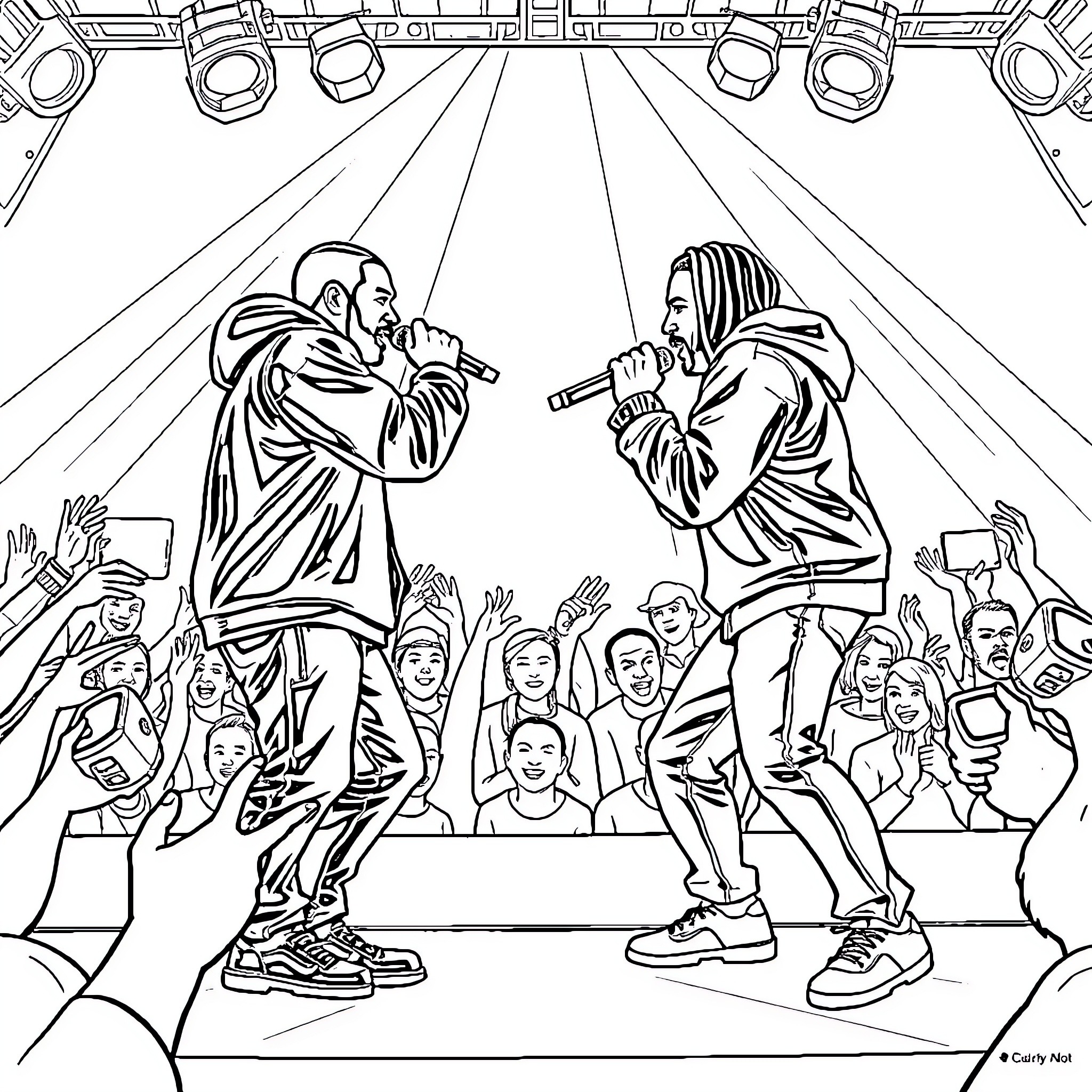 Rap Battle on Stage with Performers and Crowd Coloring Page (free black-and-white line drawing printable PDF for all, from beginners to advanced learners, including children, teens, adults, and seniors)