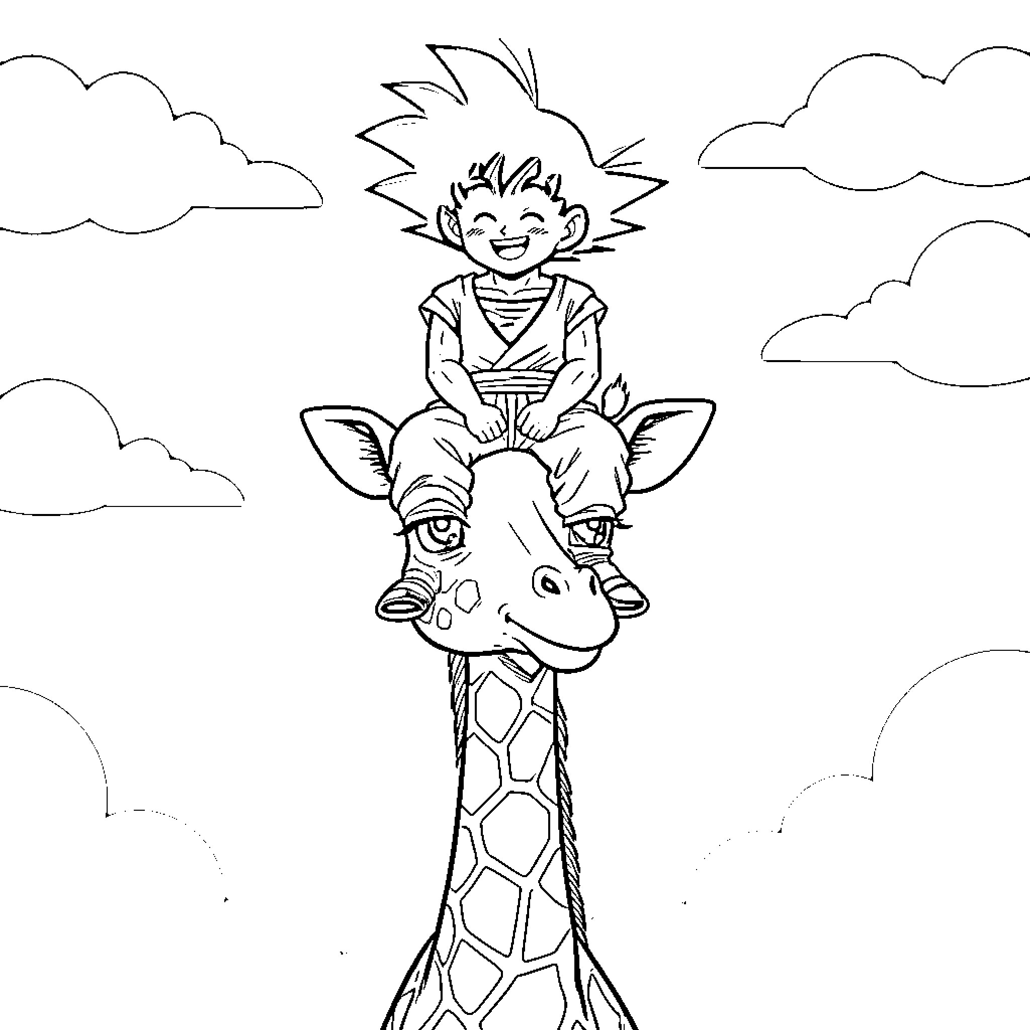 Goku riding a happy giraffe in the sky Coloring Page (free black-and-white line drawing printable PDF for all, from beginners to advanced learners, including children, teens, adults, and seniors)