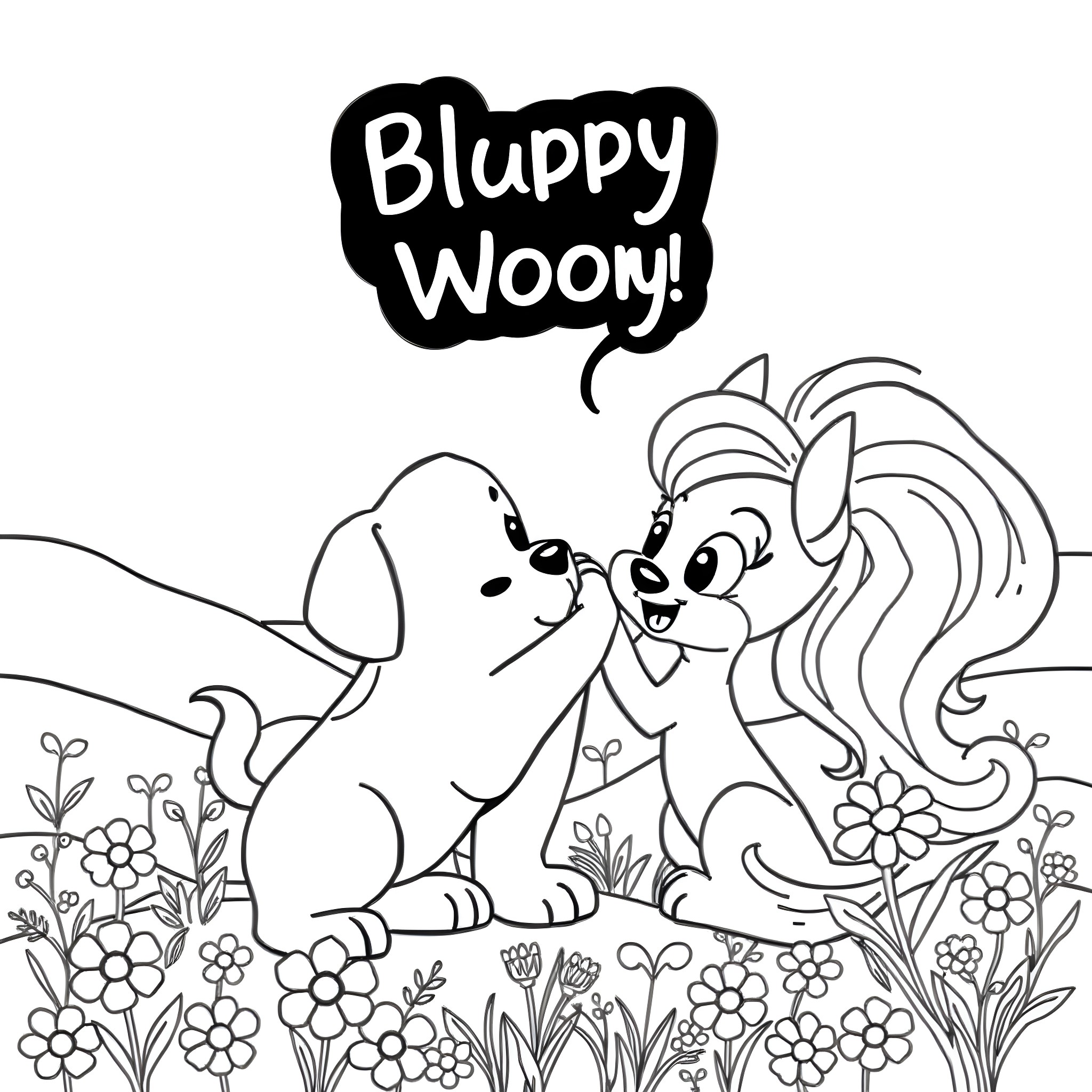 Bluey and Bingo playing together in a flower field Coloring Page (free black-and-white line drawing printable PDF for all, from beginners to advanced learners, including children, teens, adults, and seniors)
