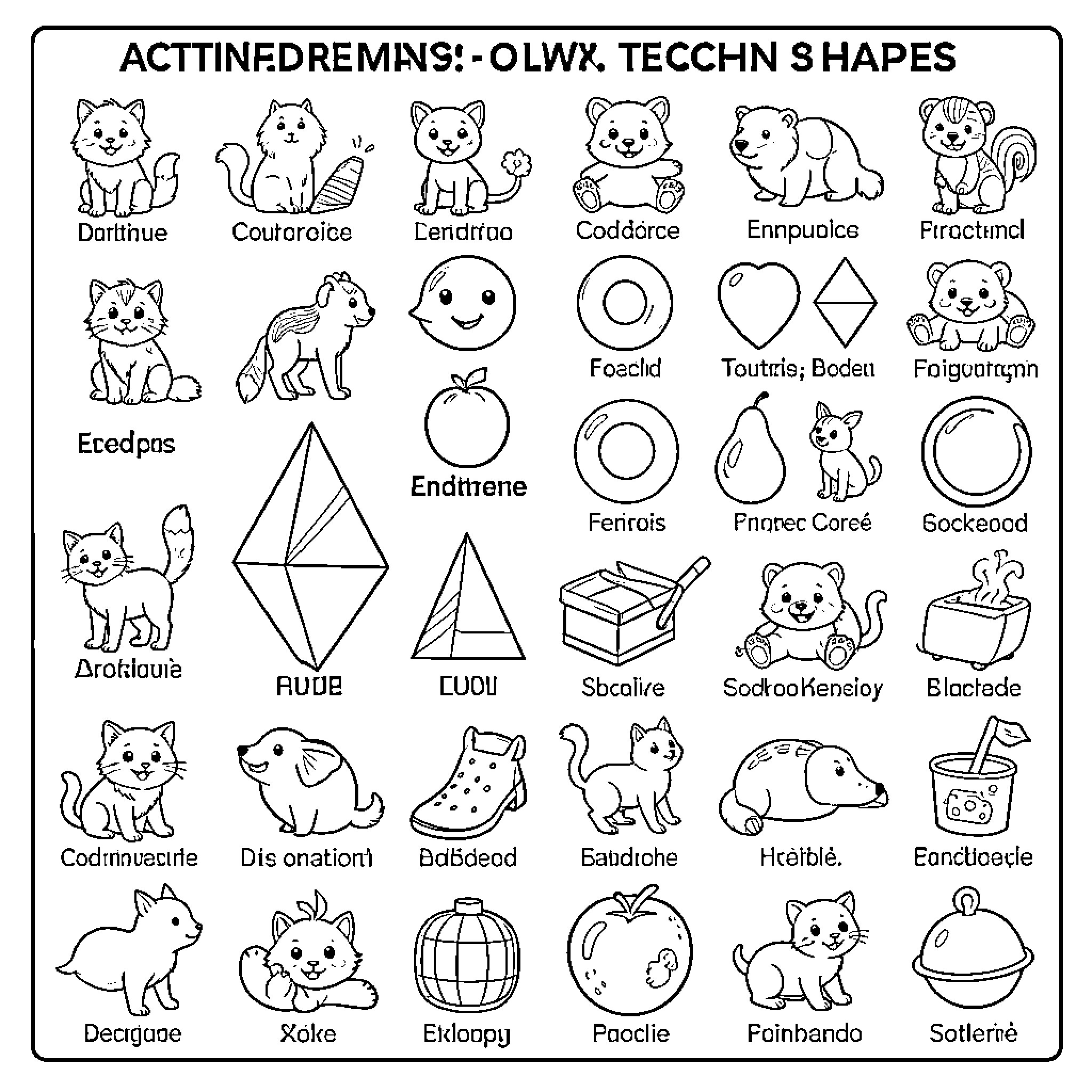 Shape patterns featuring various cute animals and geometric forms Coloring Page (free black-and-white line drawing printable PDF for all, from beginners to advanced learners, including children, teens, adults, and seniors)