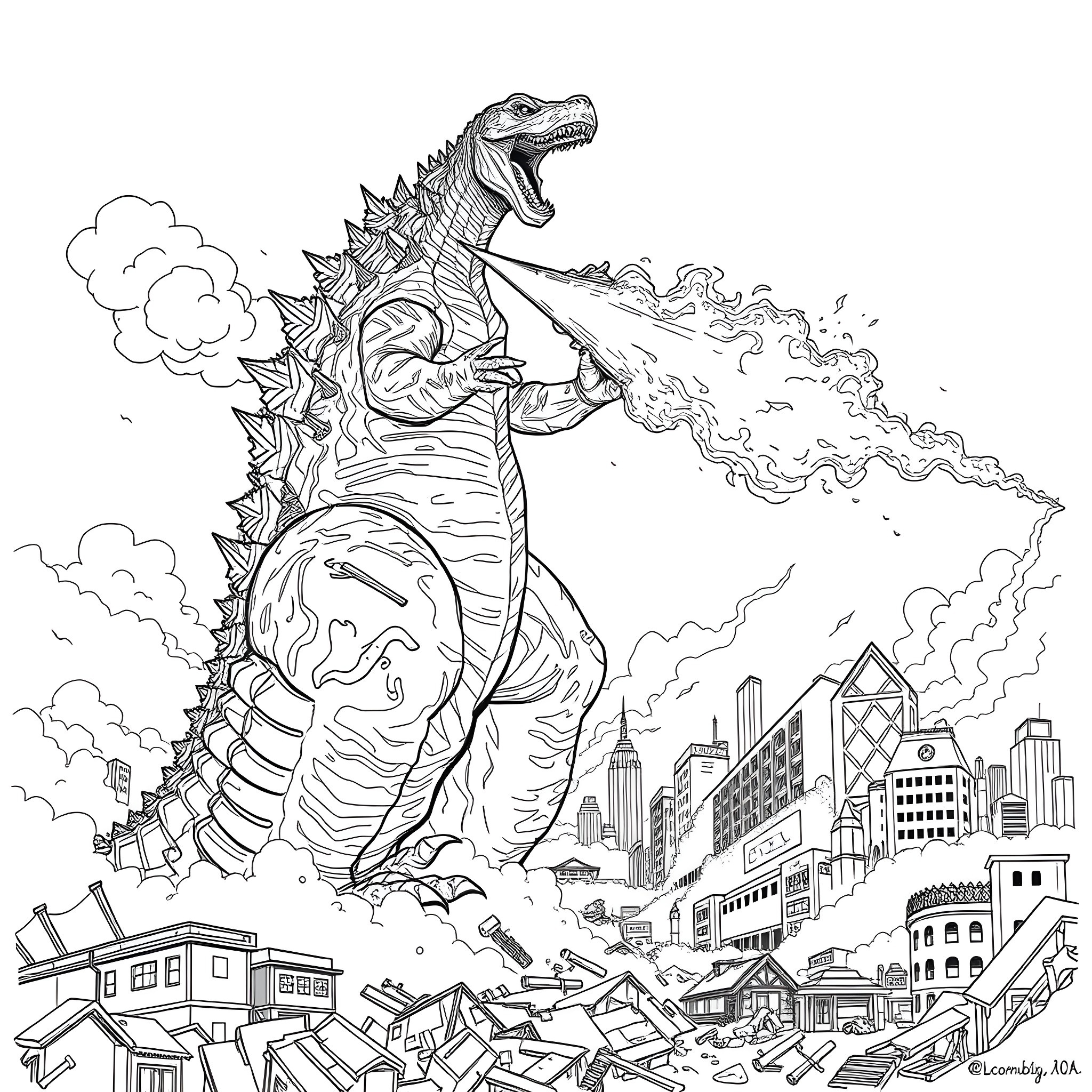 Godzilla wreaking havoc in the city Coloring Page (free black-and-white line drawing printable PDF for all, from beginners to advanced learners, including children, teens, adults, and seniors)
