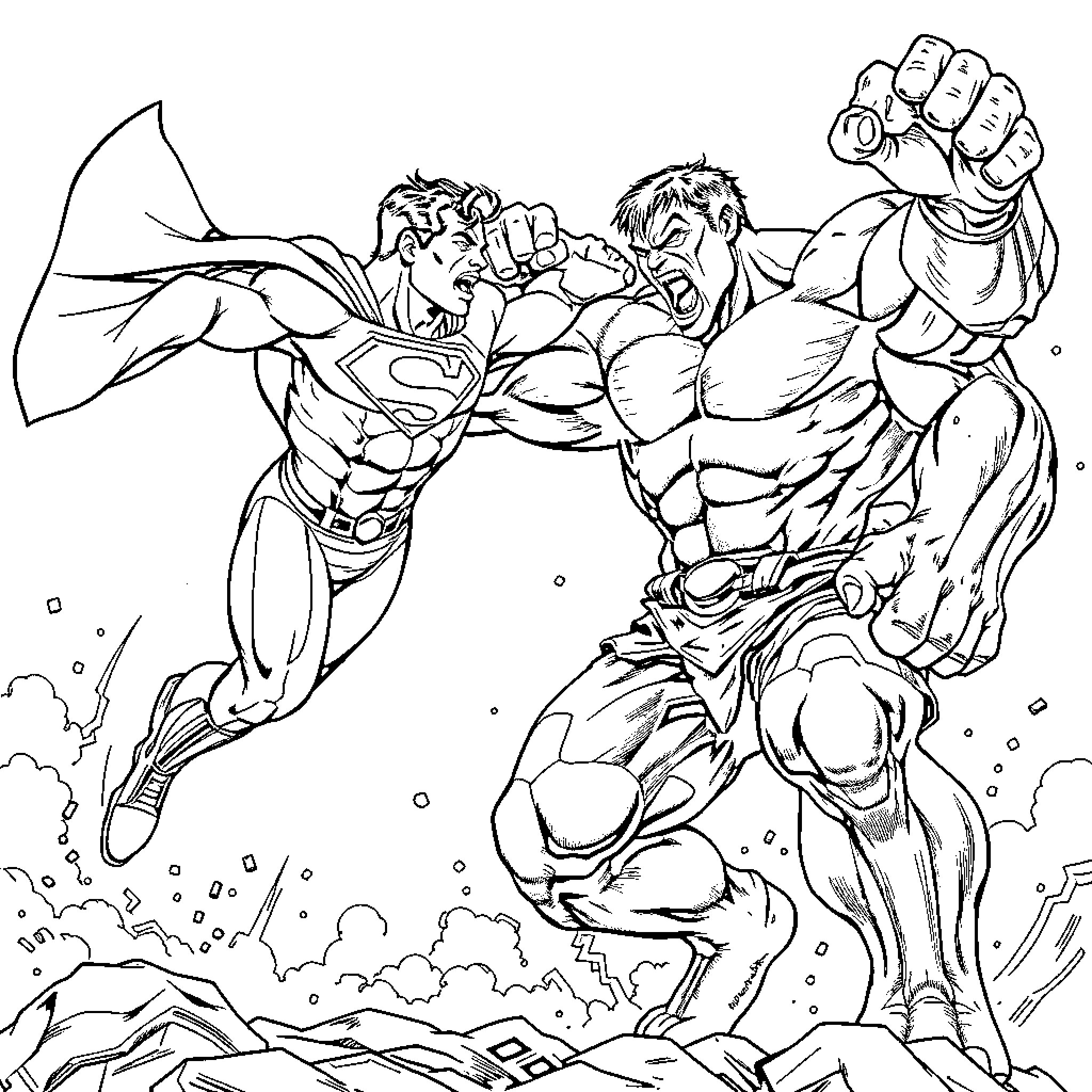 Superman battles a powerful foe in an intense showdown Coloring Page (free black-and-white line drawing printable PDF for all, from beginners to advanced learners, including children, teens, adults, and seniors)