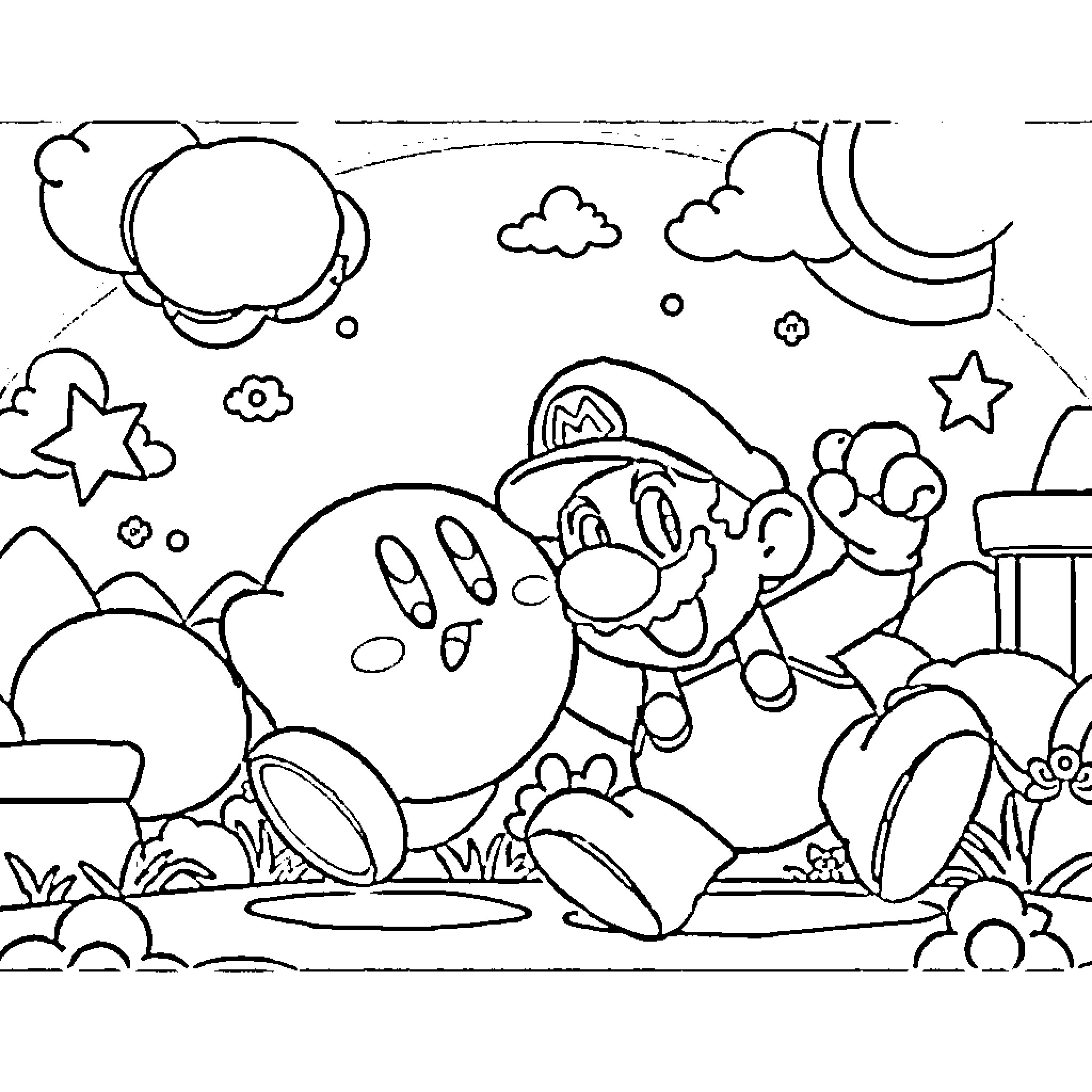 Kirby and Mario's Outdoor Adventure Coloring Page (free black-and-white line drawing printable PDF for all, from beginners to advanced learners, including children, teens, adults, and seniors)