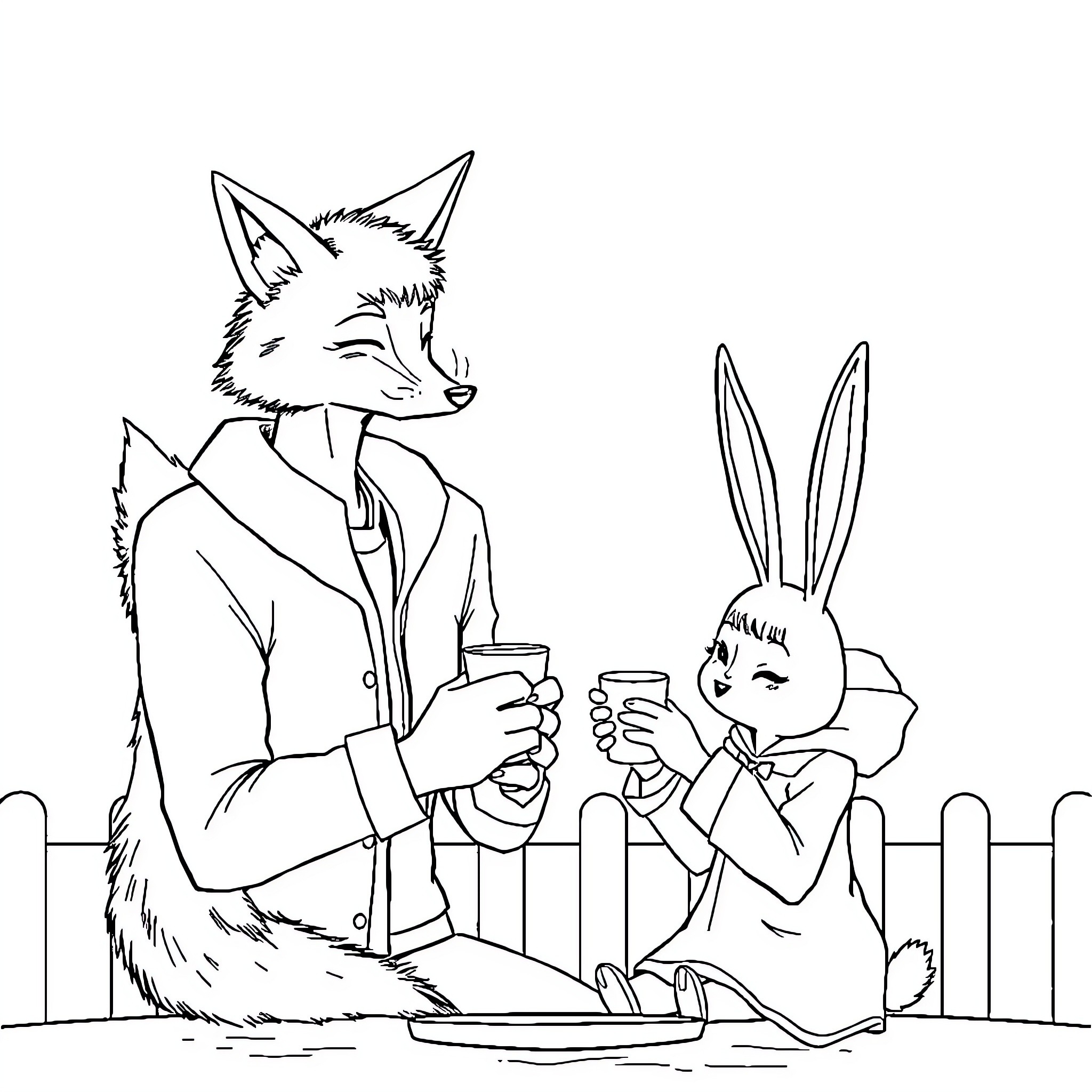 Fox and Rabbit enjoying tea time together Coloring Page (free black-and-white line drawing printable PDF for all, from beginners to advanced learners, including children, teens, adults, and seniors)