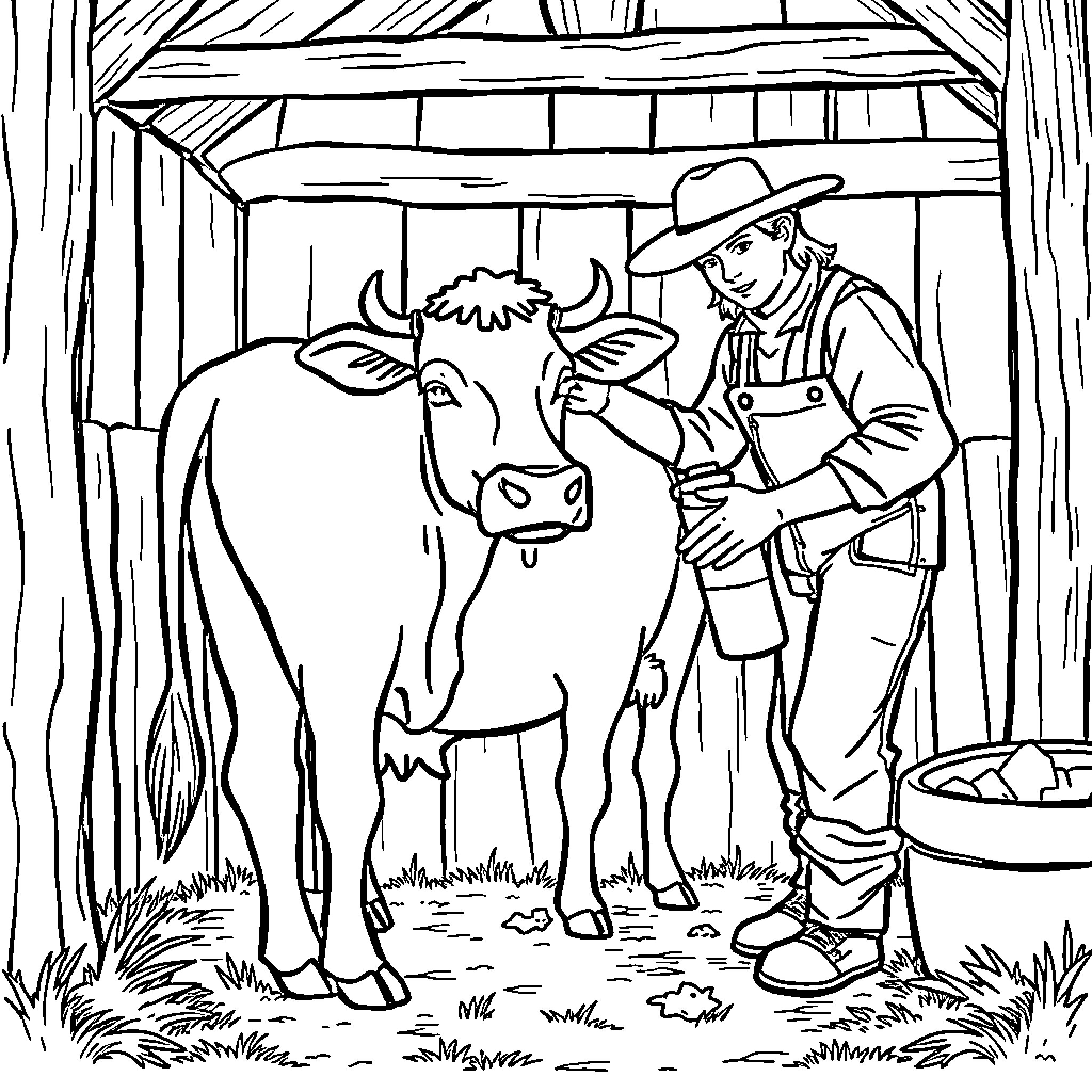 Cow in Cowshed with Farmer Coloring Page (free black-and-white line drawing printable PDF for all, from beginners to advanced learners, including children, teens, adults, and seniors)