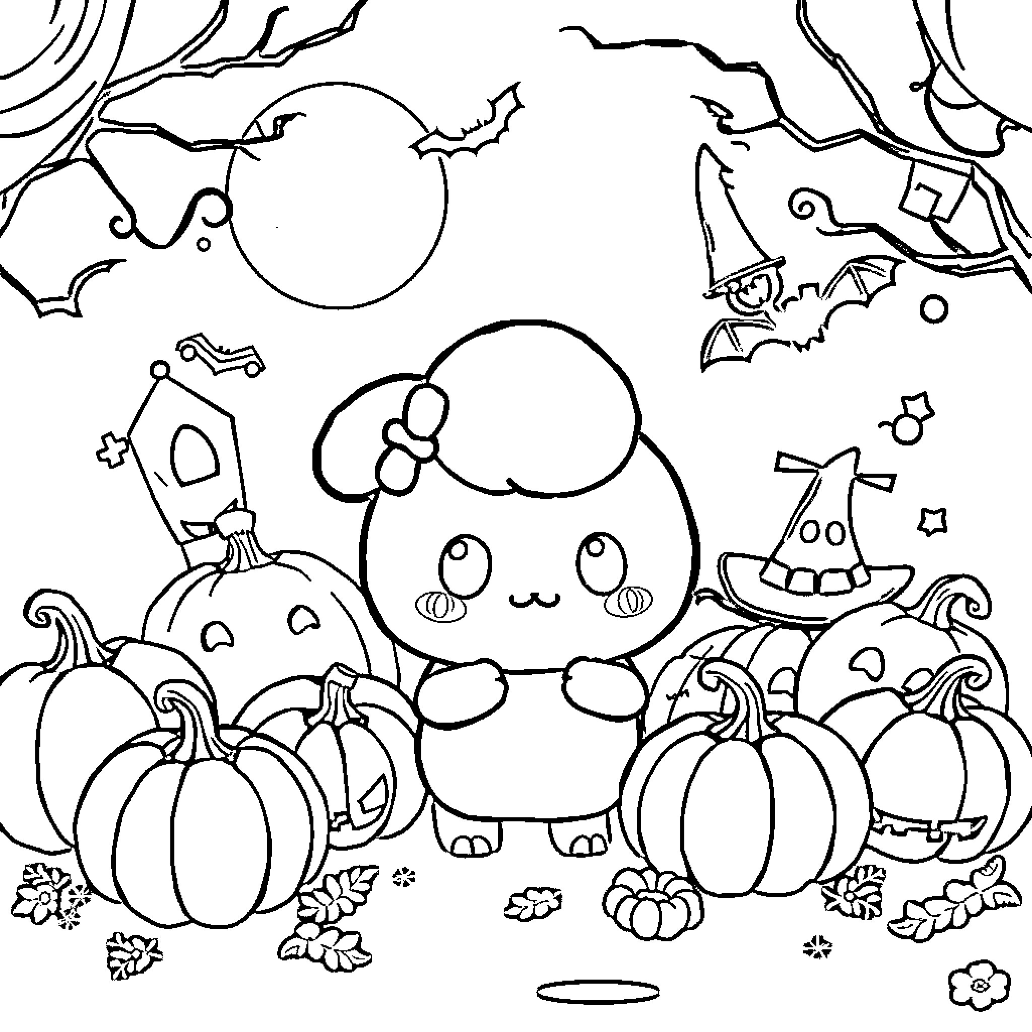 Cinnamoroll enjoying Halloween with pumpkins and bats Coloring Page (free black-and-white line drawing printable PDF for all, from beginners to advanced learners, including children, teens, adults, and seniors)