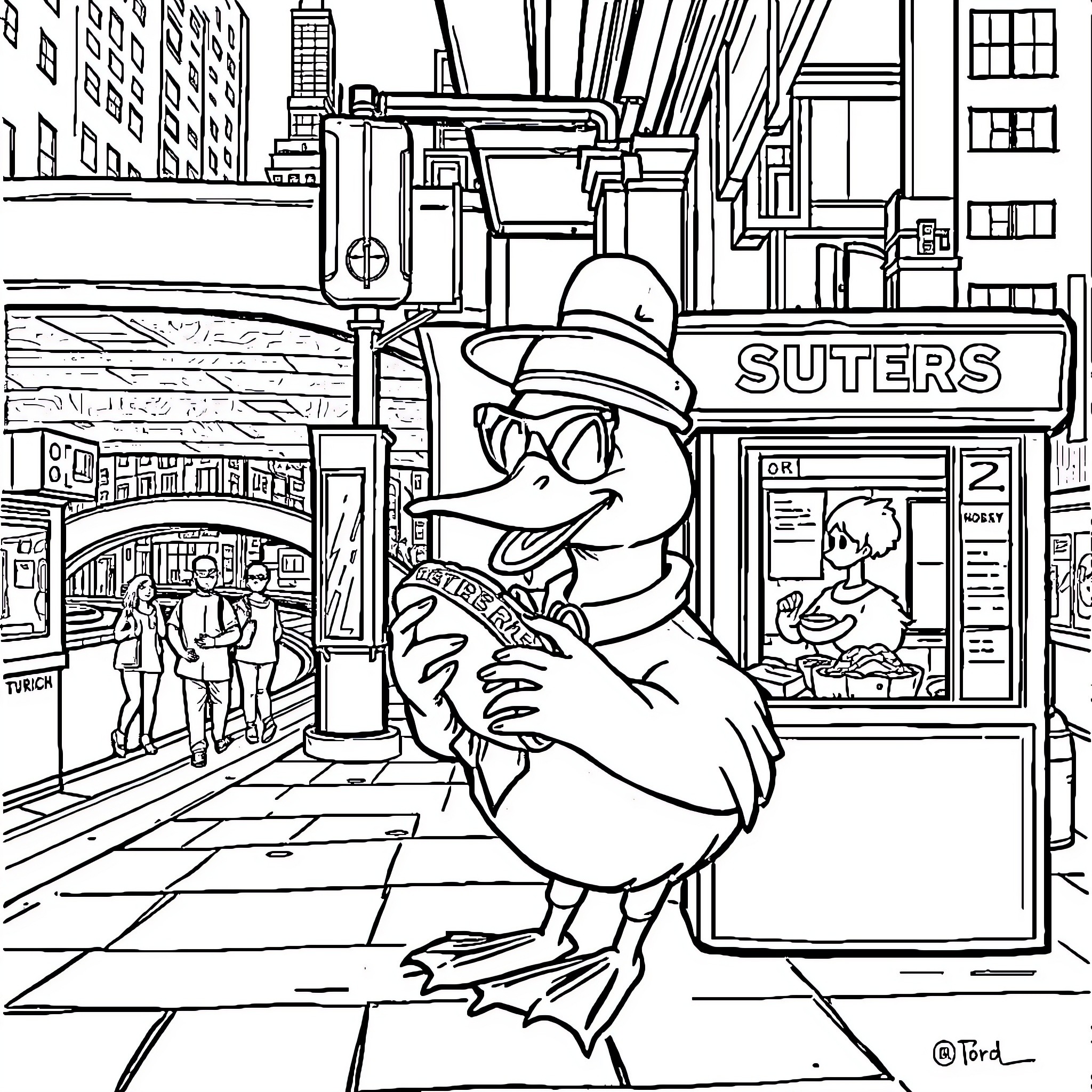 Duck strolling through lively city street Coloring Page (free black-and-white line drawing printable PDF for all, from beginners to advanced learners, including children, teens, adults, and seniors)