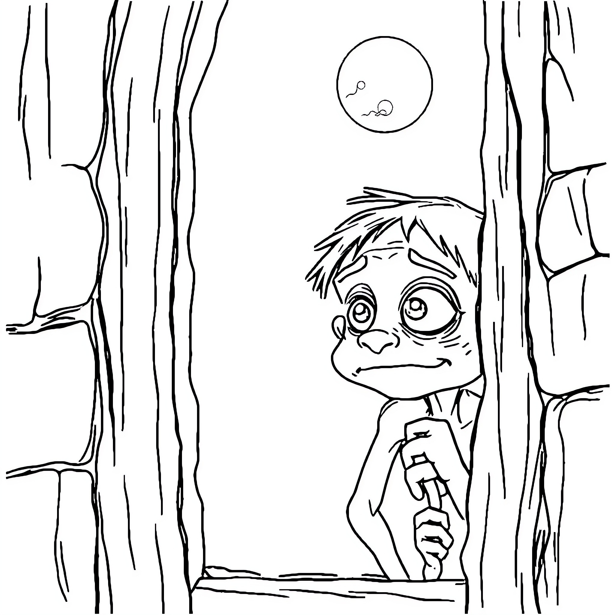 Gollum peeking out from behind a tree Coloring Page (free black-and-white line drawing printable PDF for all, from beginners to advanced learners, including children, teens, adults, and seniors)
