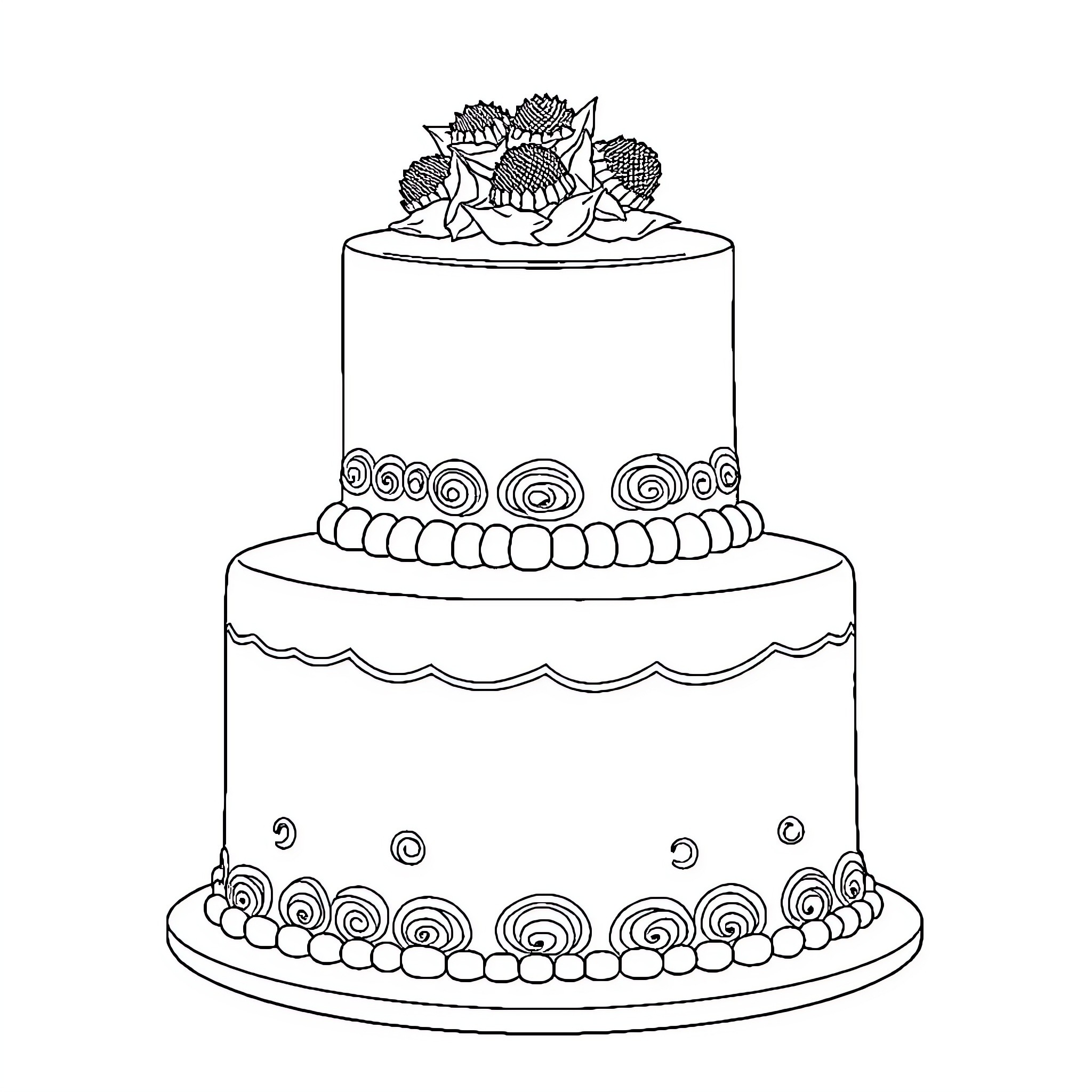 Wedding Cake with Intricate Decorations Coloring Page (free black-and-white line drawing printable PDF for all, from beginners to advanced learners, including children, teens, adults, and seniors)