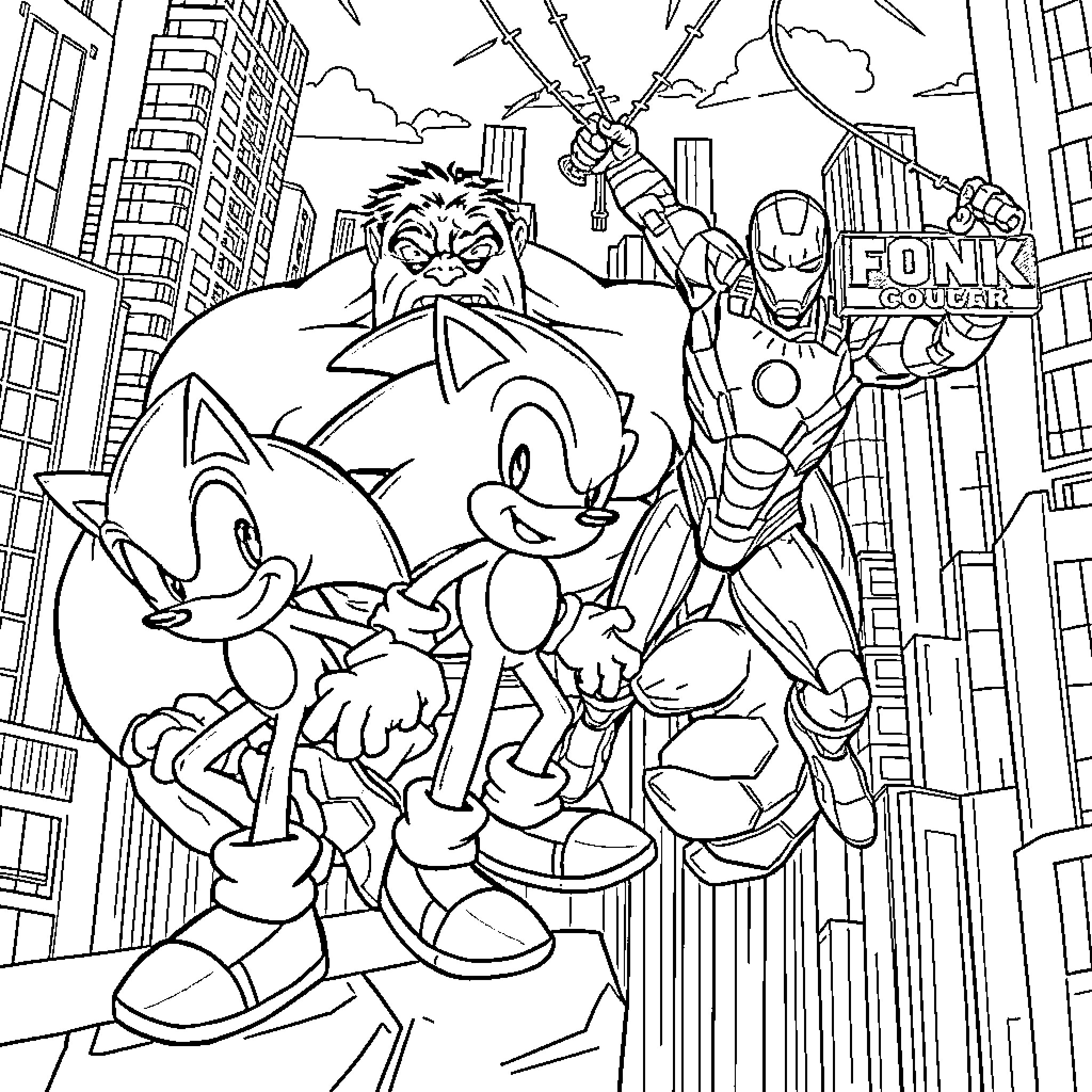 Sonic and friends in heroic action against foes Coloring Page (free black-and-white line drawing printable PDF for all, from beginners to advanced learners, including children, teens, adults, and seniors)