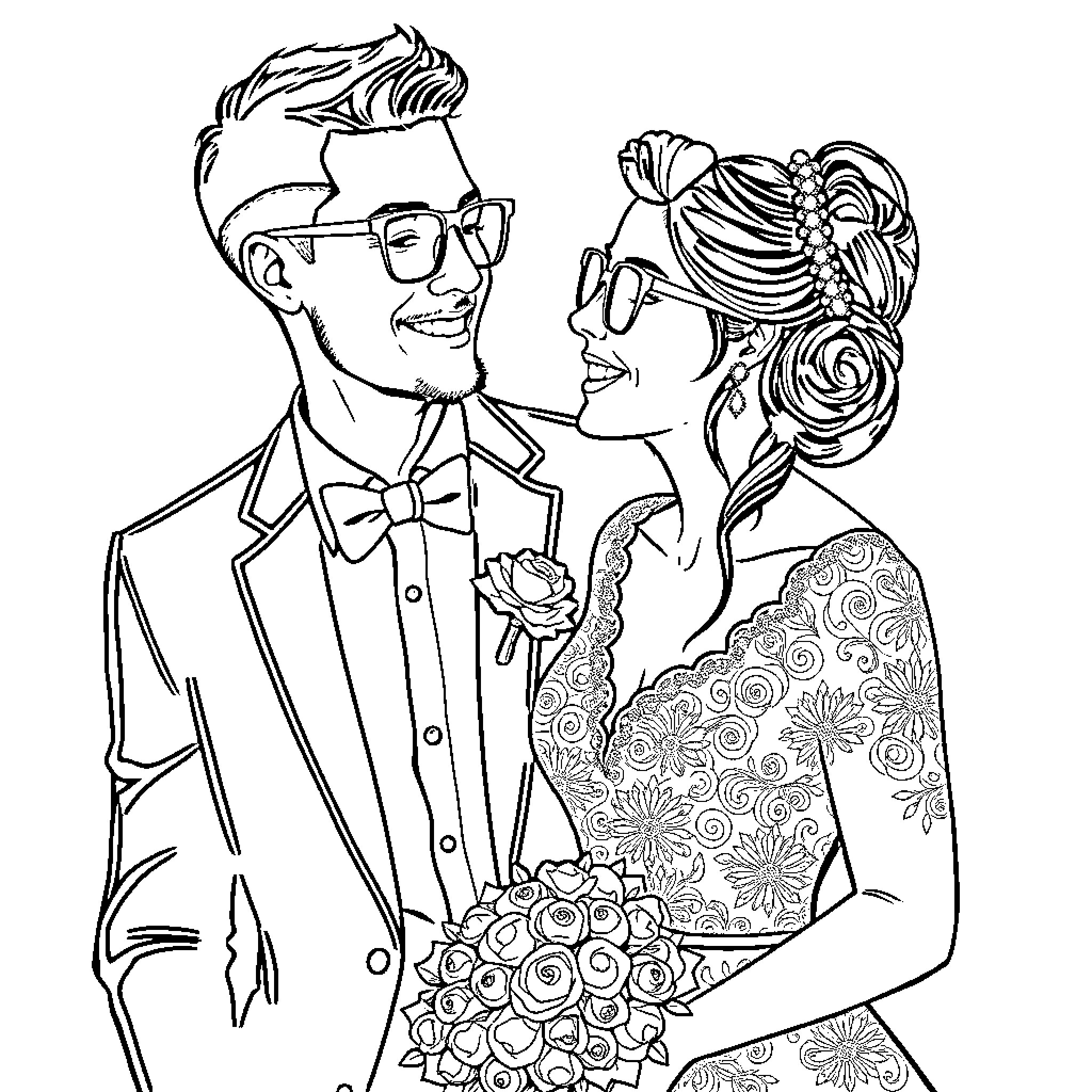 Bride and Groom Celebrating Joyous Occasion Coloring Page (free black-and-white line drawing printable PDF for all, from beginners to advanced learners, including children, teens, adults, and seniors)