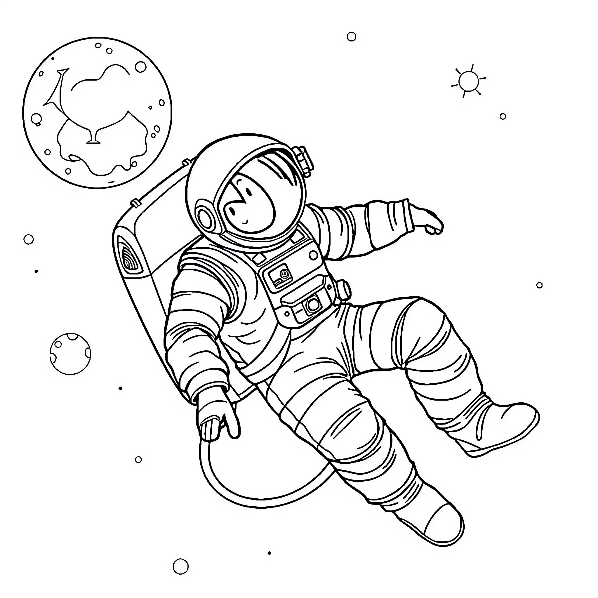 Astronaut floating peacefully in space Coloring Page (free black-and-white line drawing printable PDF for all, from beginners to advanced learners, including children, teens, adults, and seniors)