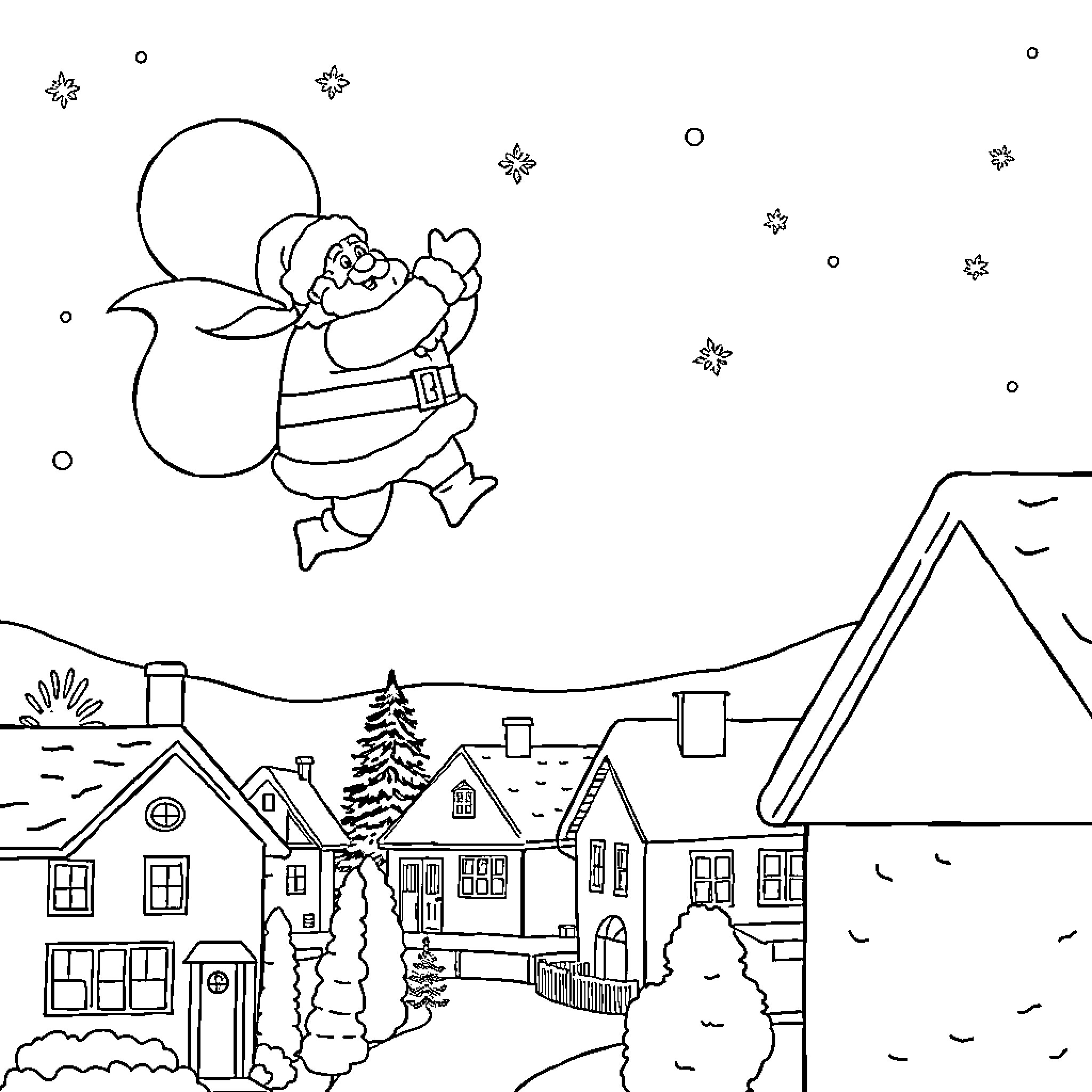 Santa flying joyfully through the snowy village Coloring Page (free black-and-white line drawing printable PDF for all, from beginners to advanced learners, including children, teens, adults, and seniors)