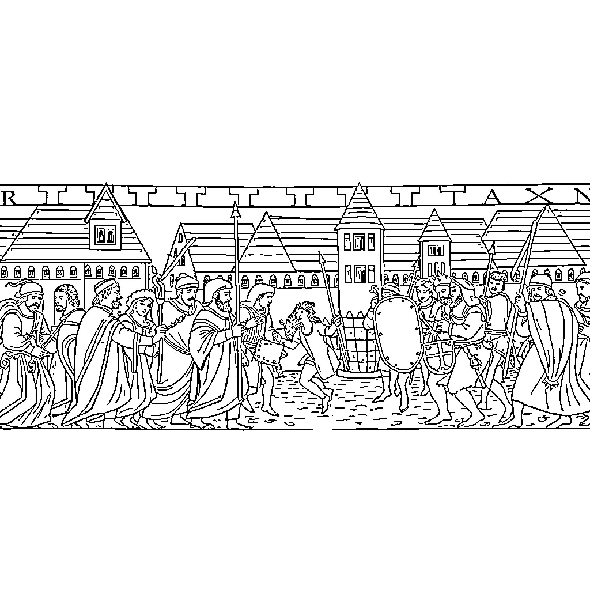 Bayeux Tapestry depicting medieval battle scenes and soldiers Coloring Page (free black-and-white line drawing printable PDF for all, from beginners to advanced learners, including children, teens, adults, and seniors)