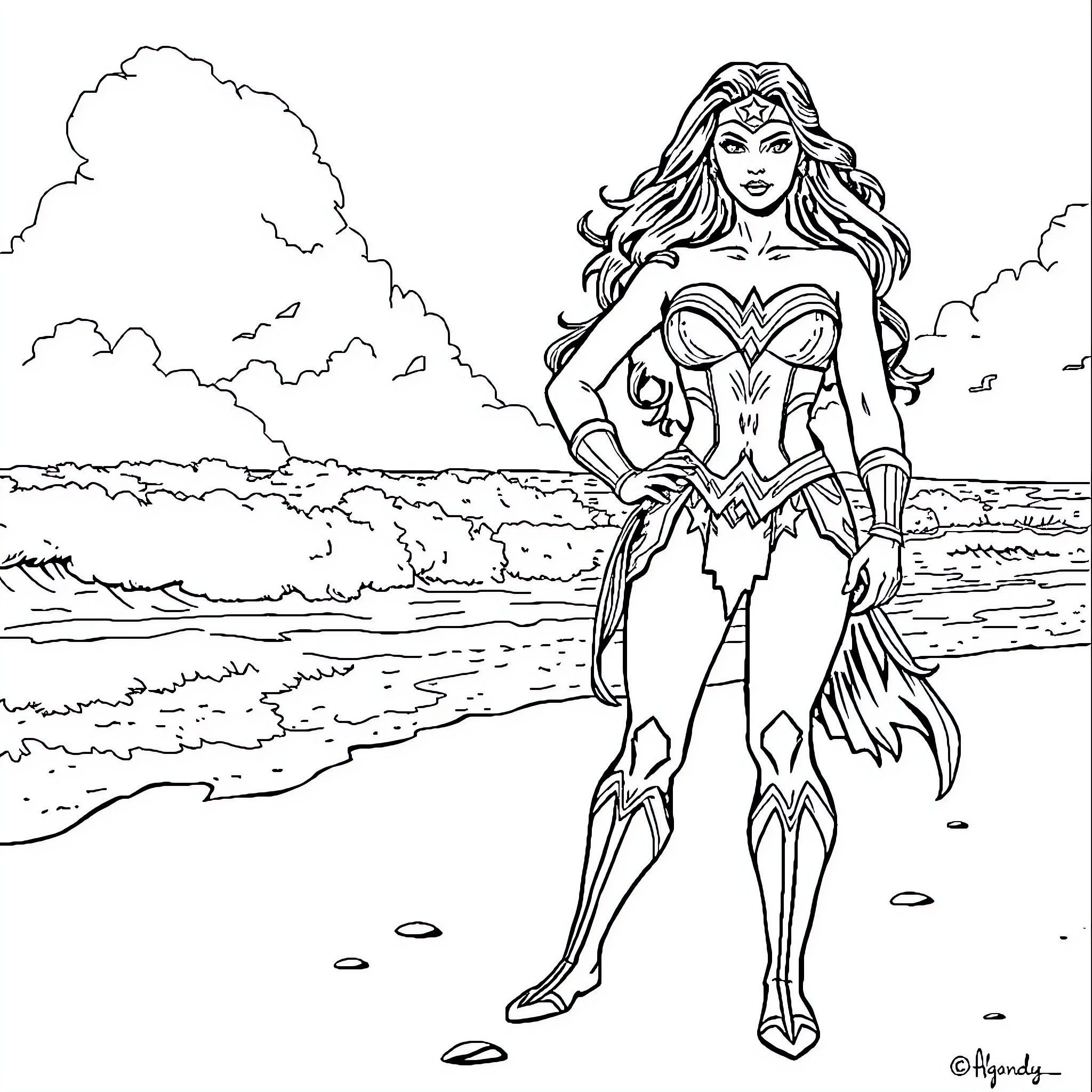 Wonder Woman standing heroically on the beach Coloring Page (free black-and-white line drawing printable PDF for all, from beginners to advanced learners, including children, teens, adults, and seniors)