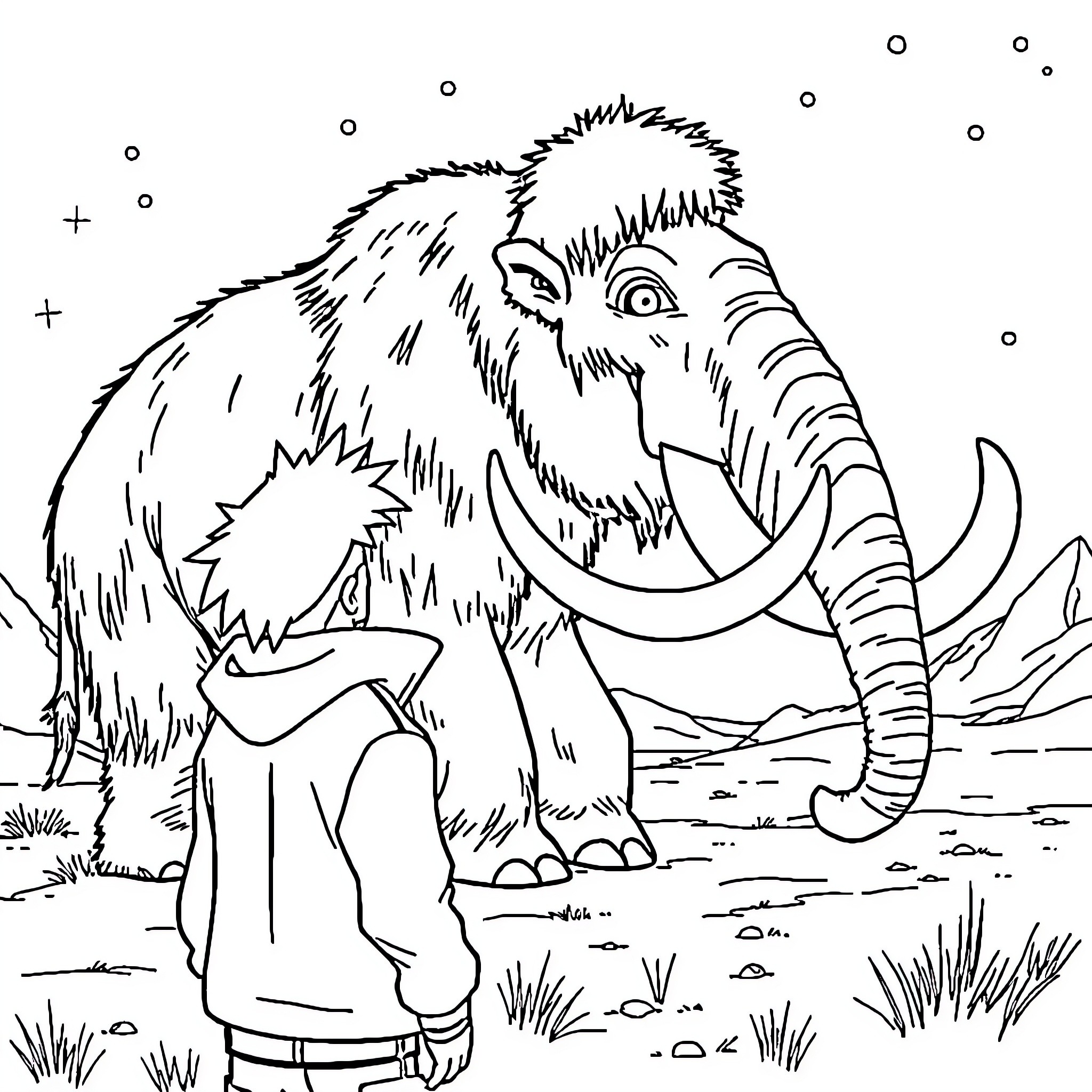 Naruto encounters a majestic woolly mammoth in the wilderness Coloring Page (free black-and-white line drawing printable PDF for all, from beginners to advanced learners, including children, teens, adults, and seniors)
