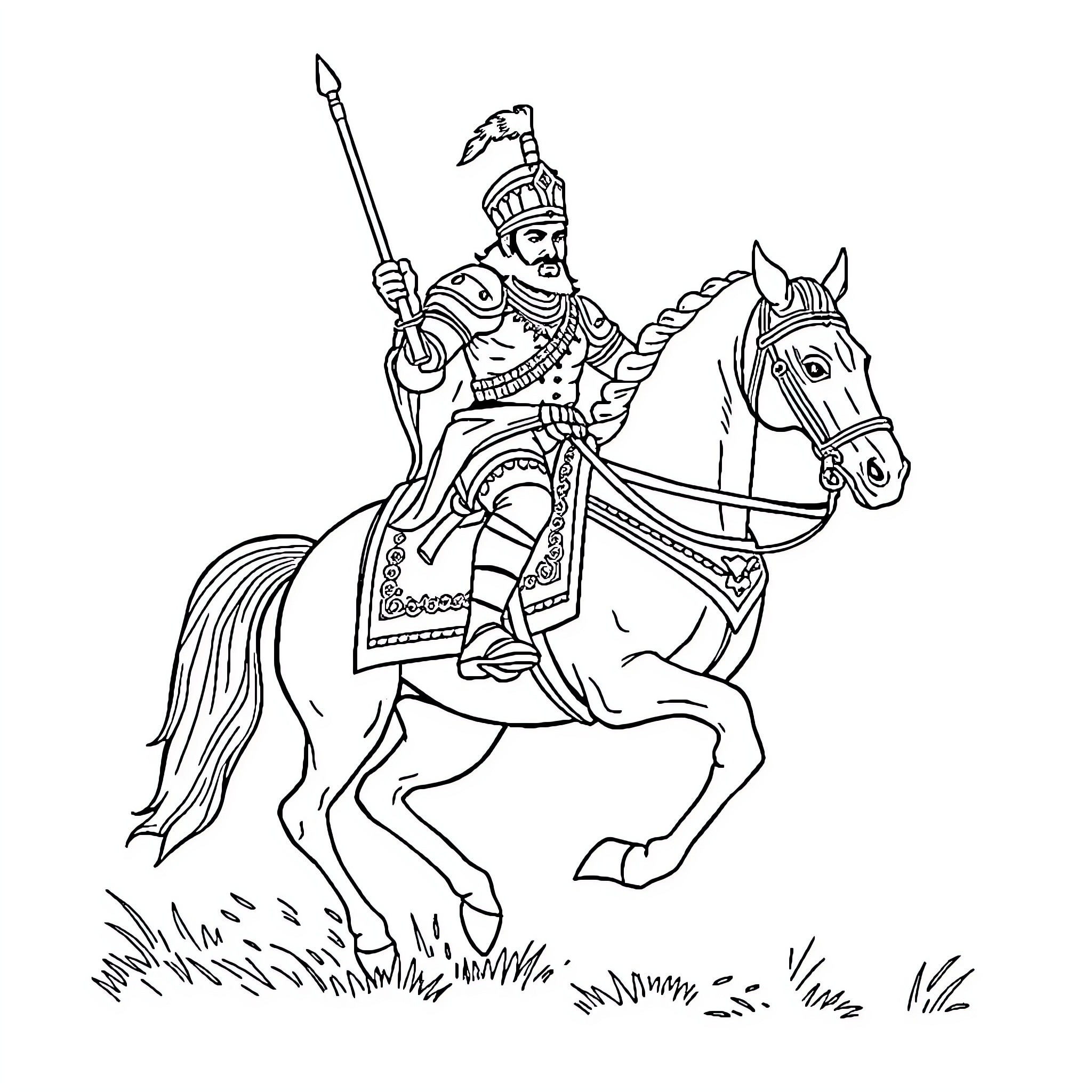 Maharana Pratap on Horseback in Battle Gear Coloring Page (free black-and-white line drawing printable PDF for all, from beginners to advanced learners, including children, teens, adults, and seniors)