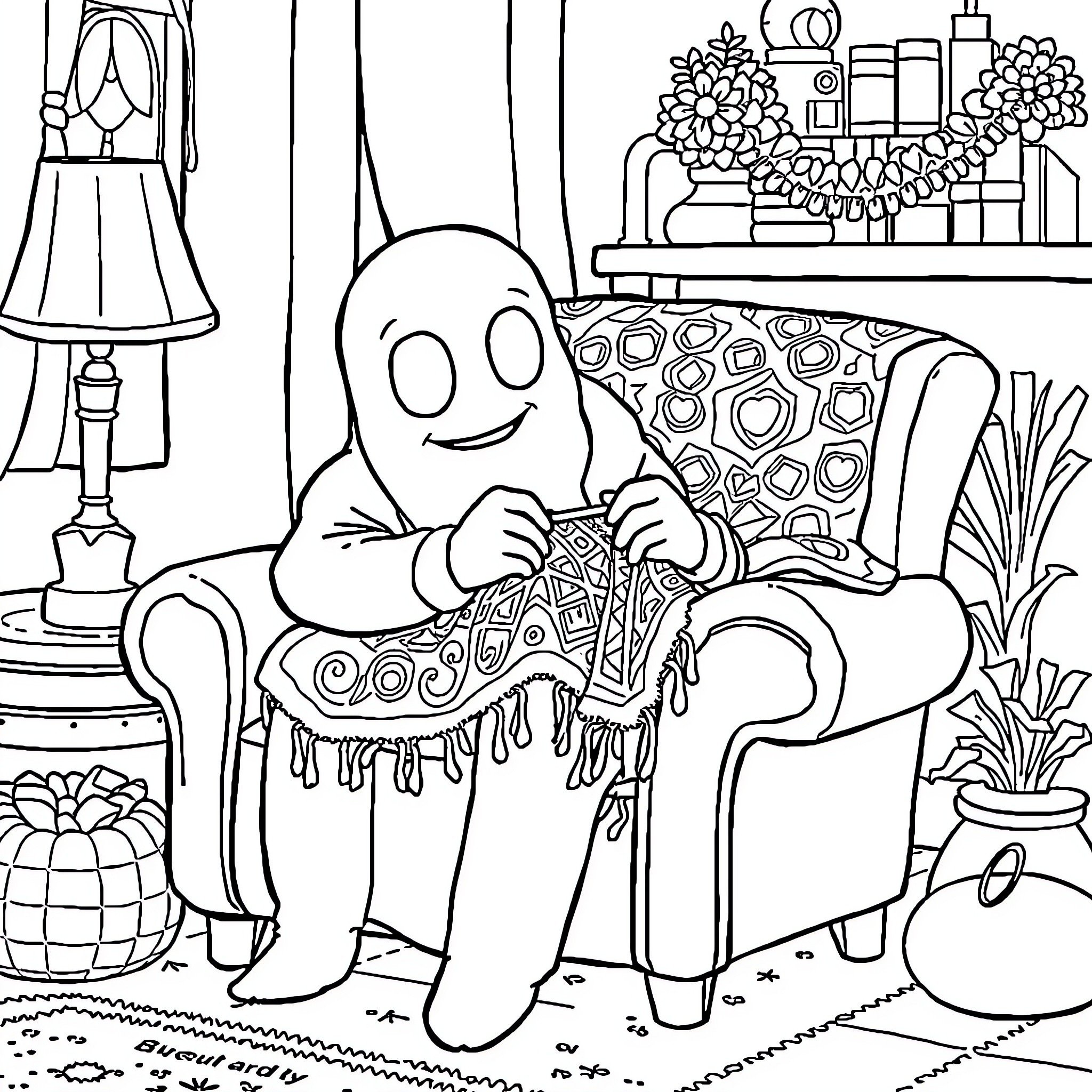 Papa V's Cozy Afternoon Delight Coloring Page (free black-and-white line drawing printable PDF for all, from beginners to advanced learners, including children, teens, adults, and seniors)