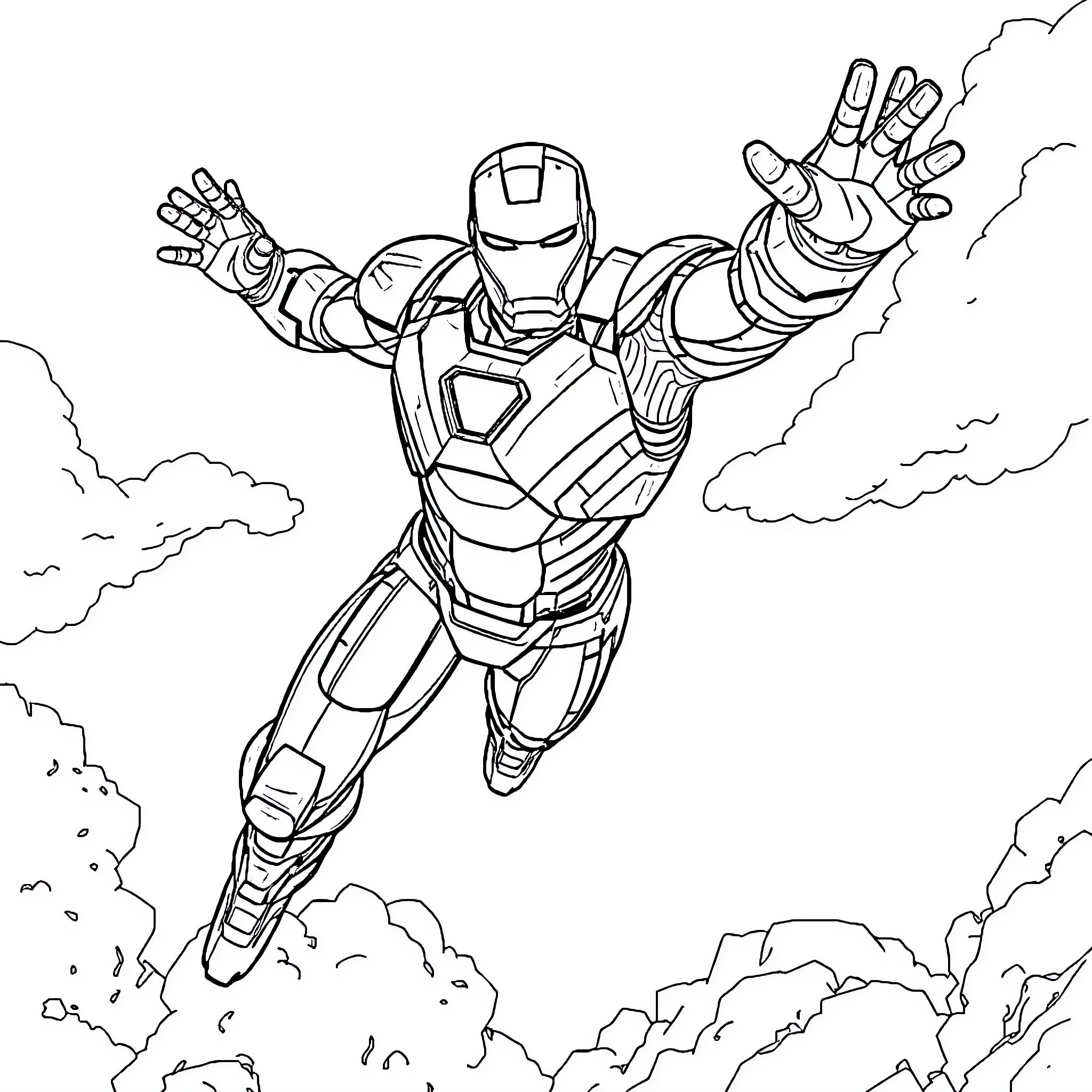 Iron Man in Action-Packed Aerial Maneuver Coloring Page (free black-and-white line drawing printable PDF for all, from beginners to advanced learners, including children, teens, adults, and seniors)