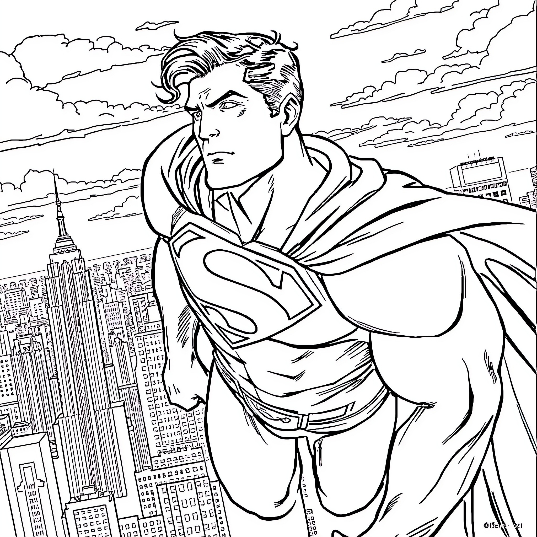 Superman overlooking the cityscape Coloring Page (free black-and-white line drawing printable PDF for all, from beginners to advanced learners, including children, teens, adults, and seniors)