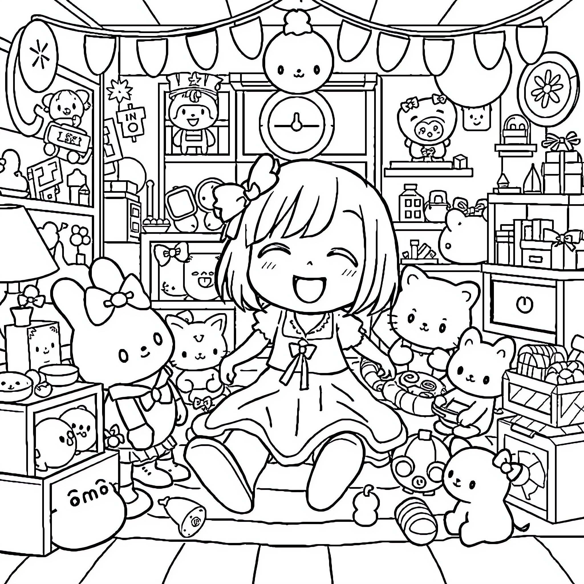 Kuromi's Cozy Toy Room Adventure Coloring Page (free black-and-white line drawing printable PDF for all, from beginners to advanced learners, including children, teens, adults, and seniors)