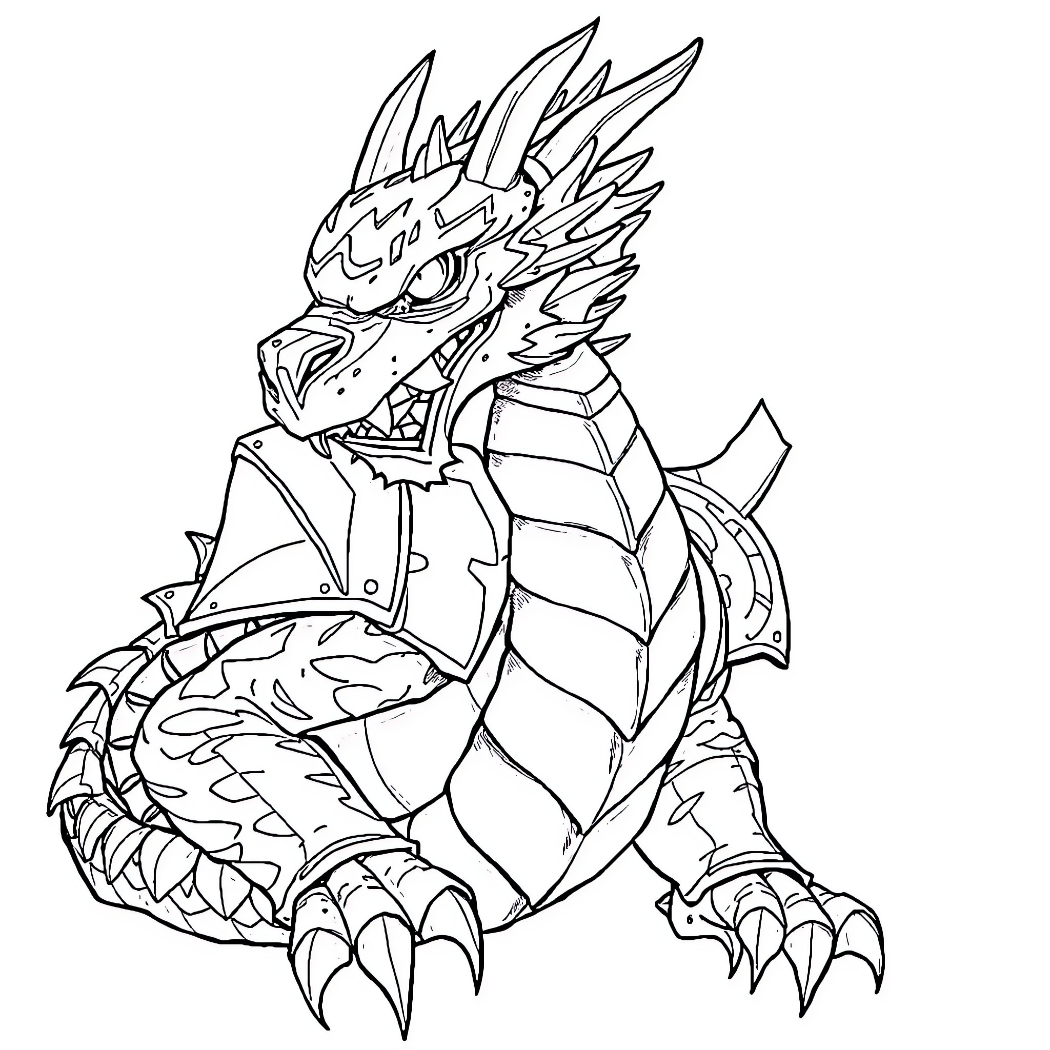 Drake's Fierce Dragon Warrior Illustration Coloring Page (free black-and-white line drawing printable PDF for all, from beginners to advanced learners, including children, teens, adults, and seniors)