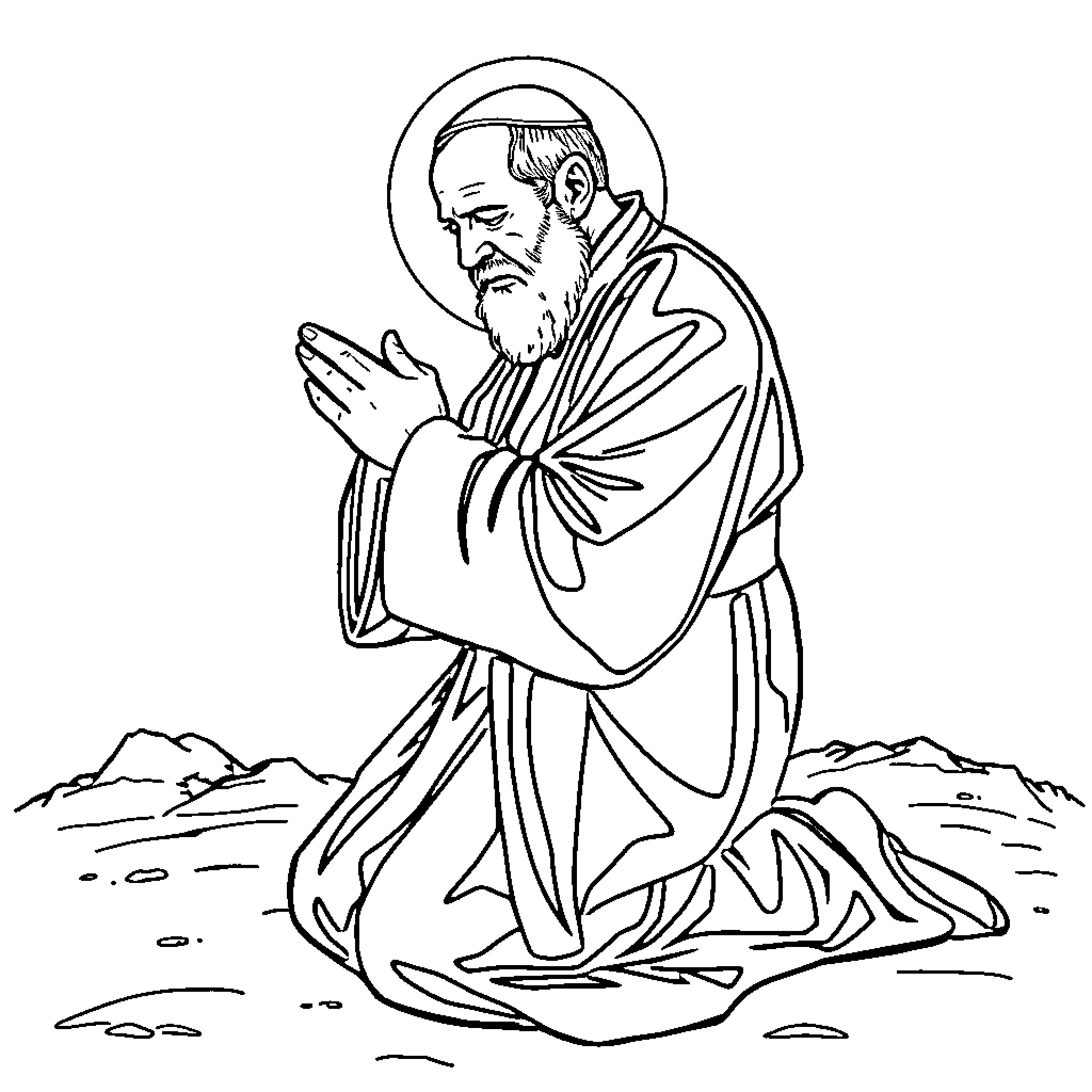 St. Pio praying devoutly in a natural setting Coloring Page (free black-and-white line drawing printable PDF for all, from beginners to advanced learners, including children, teens, adults, and seniors)