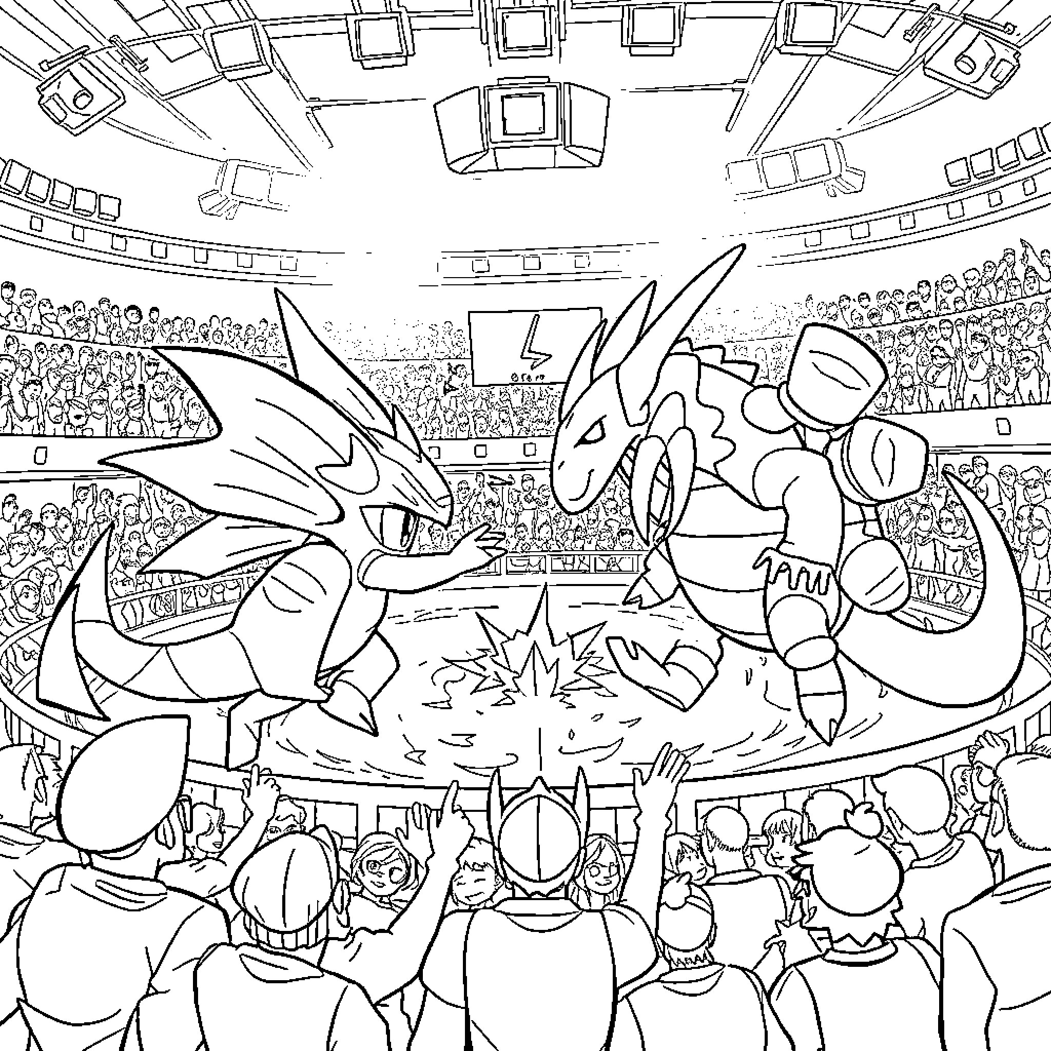 Pokémon Battle in Packed Stadium Coloring Page (free black-and-white line drawing printable PDF for all, from beginners to advanced learners, including children, teens, adults, and seniors)