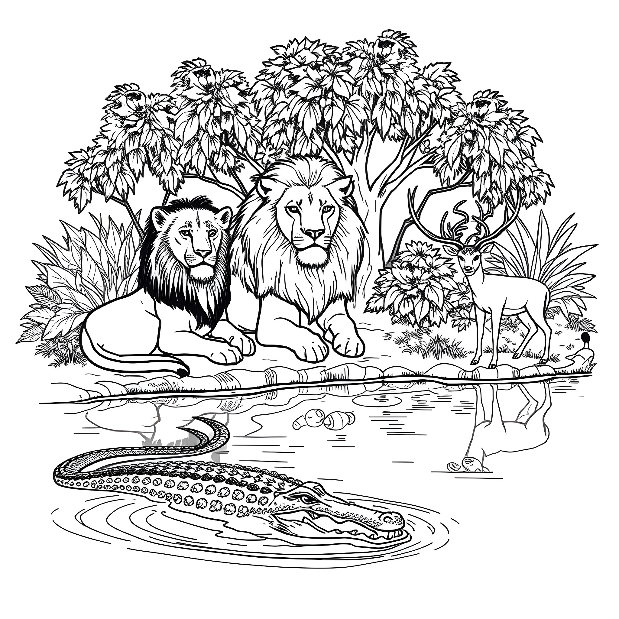 Animal scene with lions, deer, and crocodile in a lush forest Coloring Page (free black-and-white line drawing printable PDF for all, from beginners to advanced learners, including children, teens, adults, and seniors)