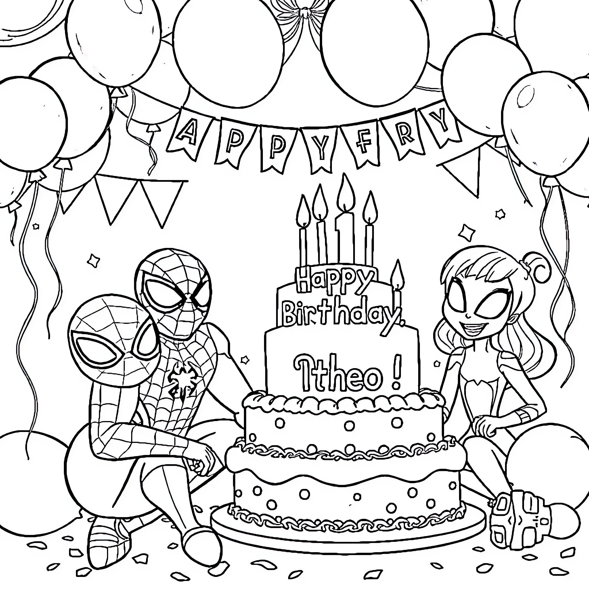 Spidey's Joyful Birthday Celebration Coloring Page (free black-and-white line drawing printable PDF for all, from beginners to advanced learners, including children, teens, adults, and seniors)