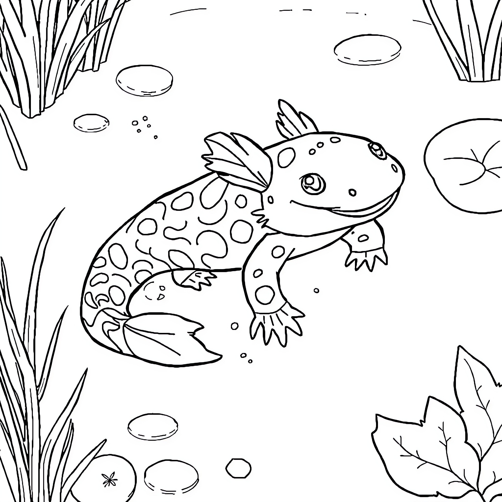 Axolotl swimming playfully in underwater scene Coloring Page (free black-and-white line drawing printable PDF for all, from beginners to advanced learners, including children, teens, adults, and seniors)