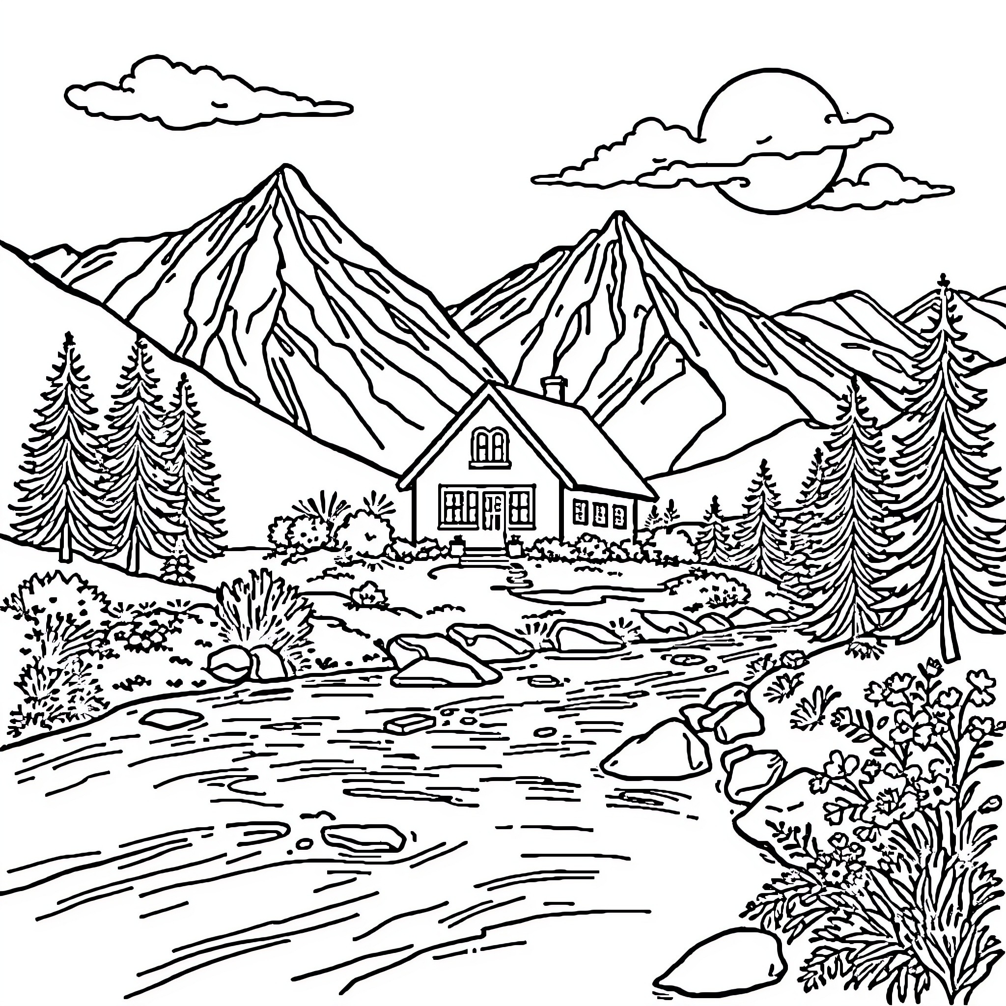 House in Scenic Mountain Landscape Coloring Page (free black-and-white line drawing printable PDF for all, from beginners to advanced learners, including children, teens, adults, and seniors)